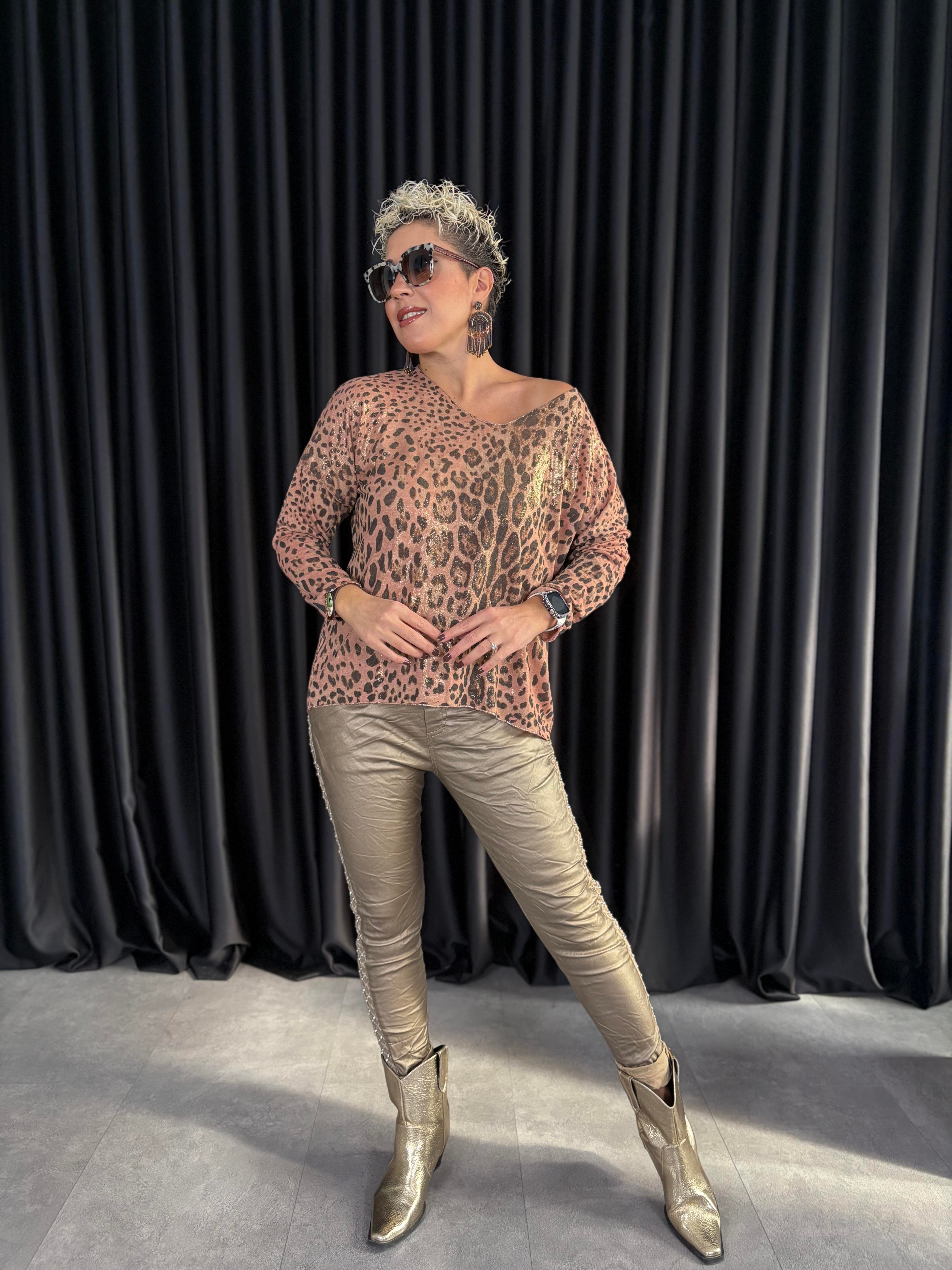 İtalyan Varaklı Kiremit Leopar Bluz