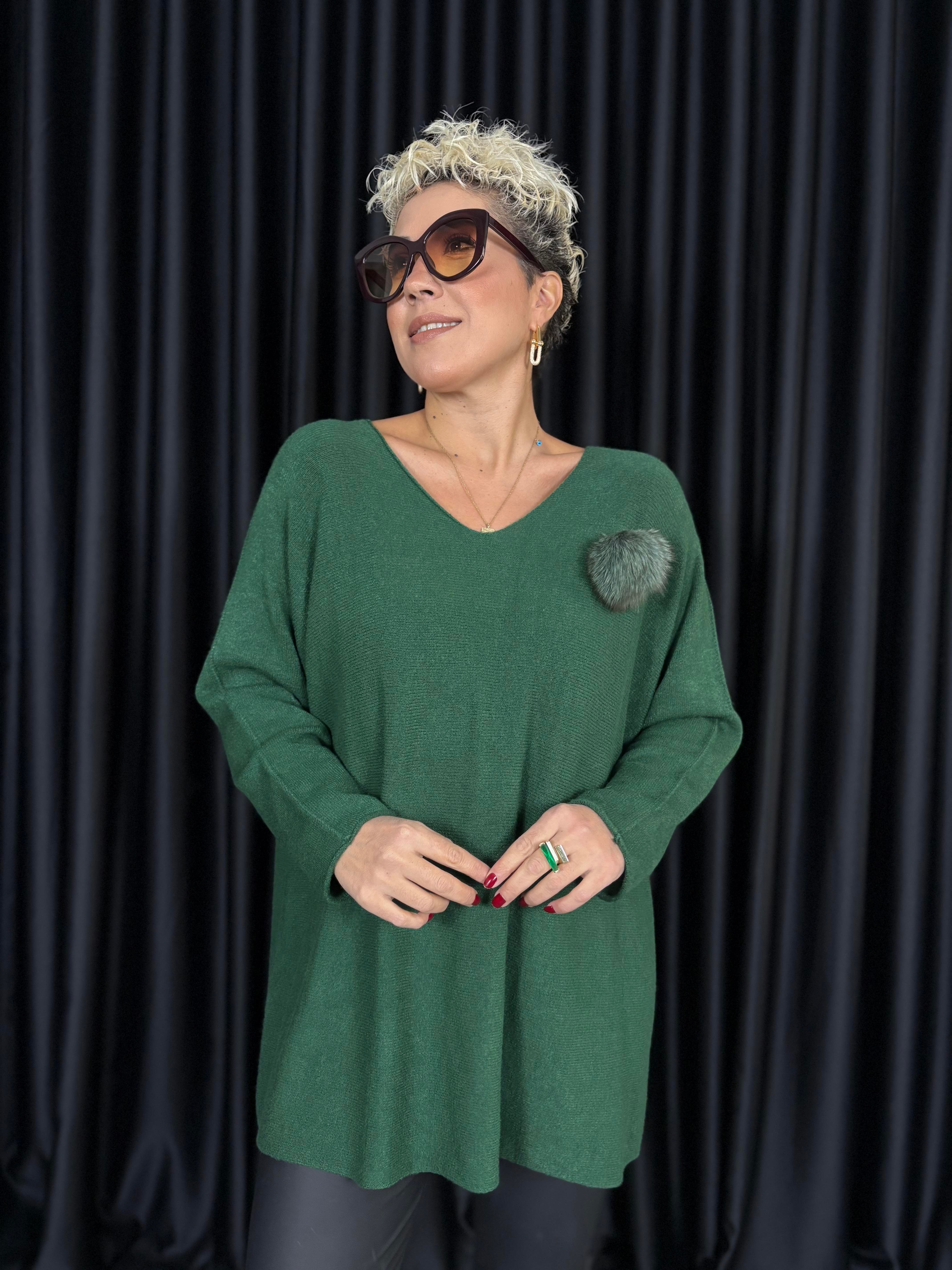 İthal Angora Broşlu Yeşil Triko