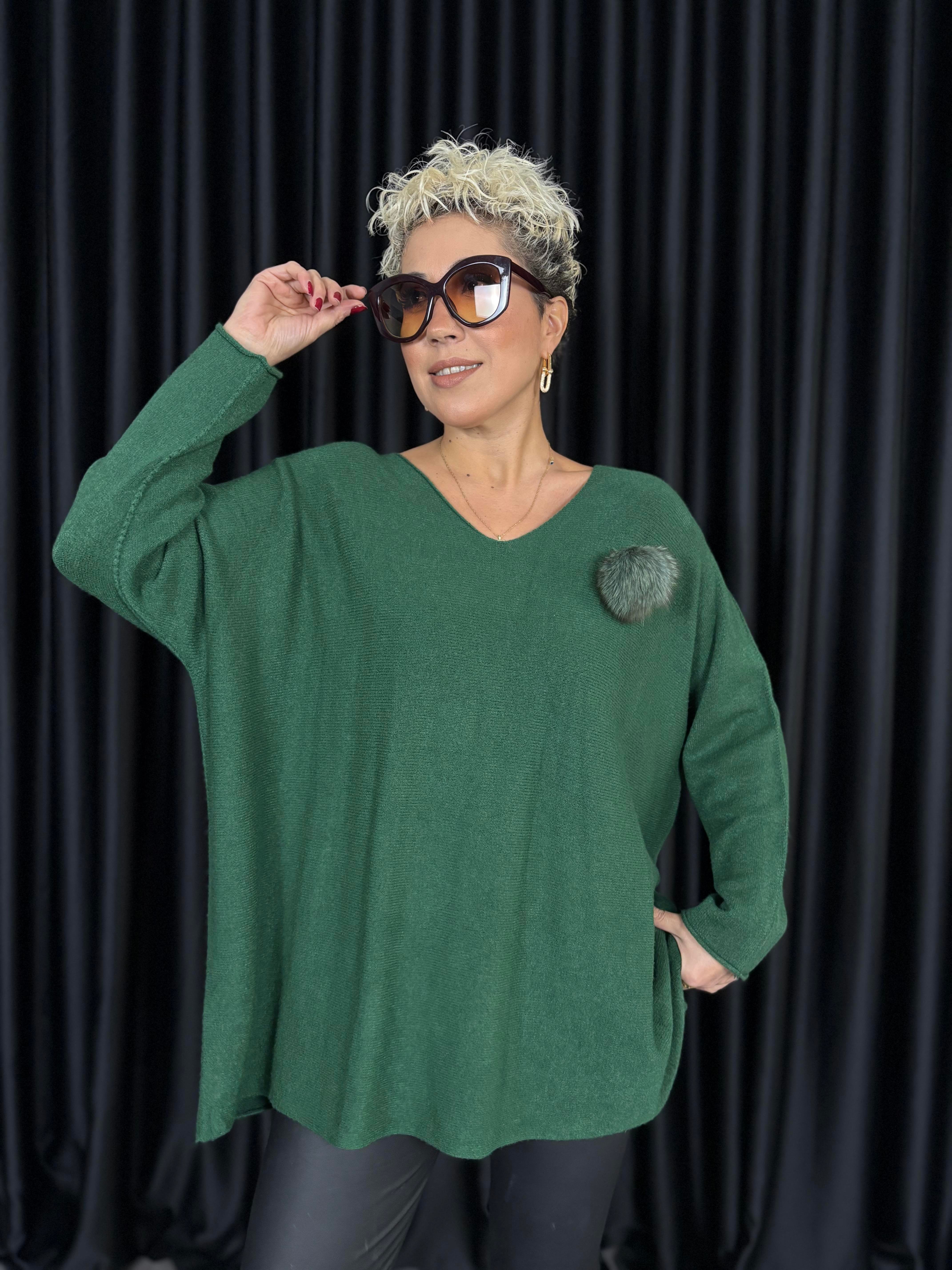 İthal Angora Broşlu Yeşil Triko