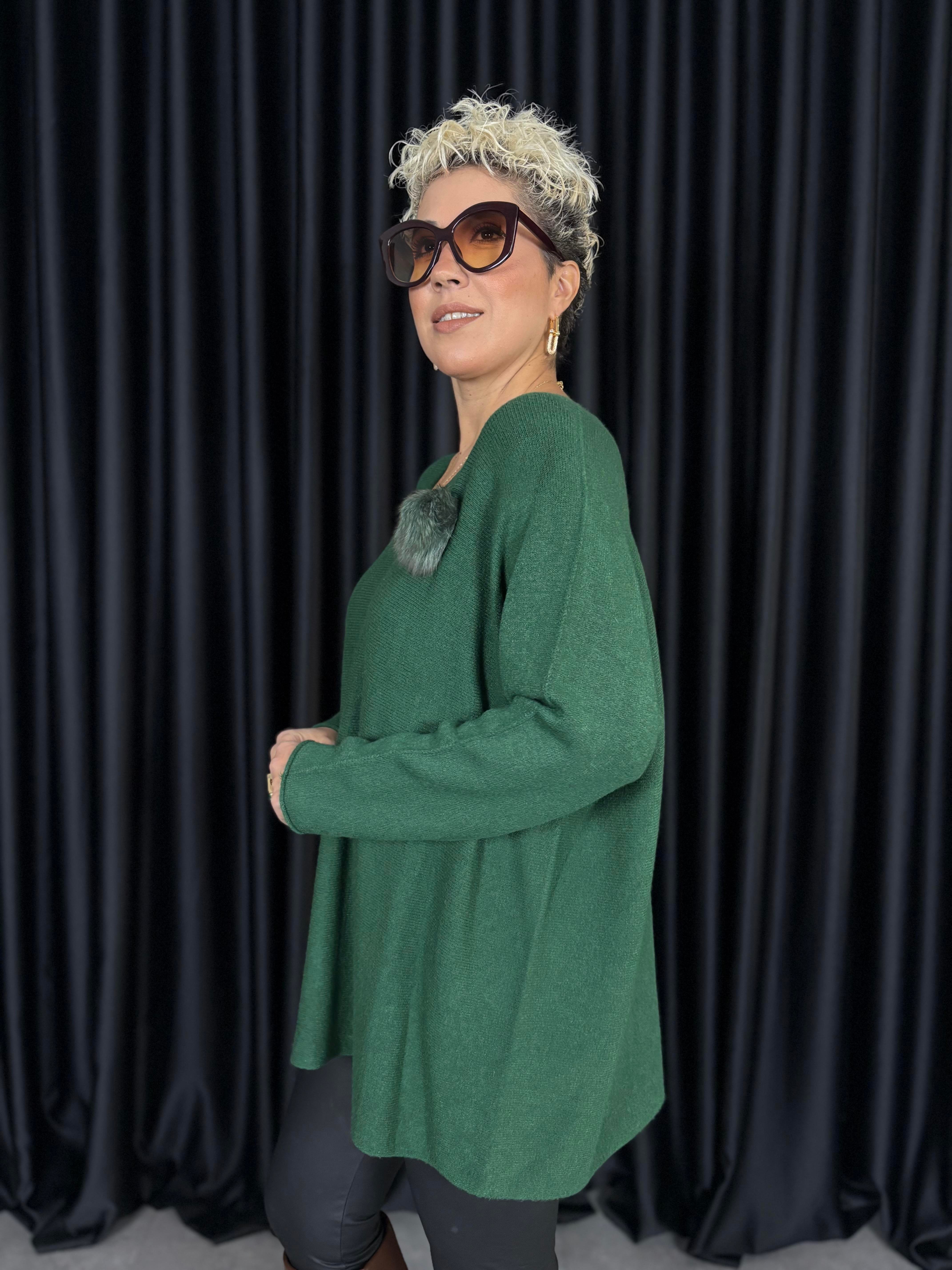 İthal Angora Broşlu Yeşil Triko