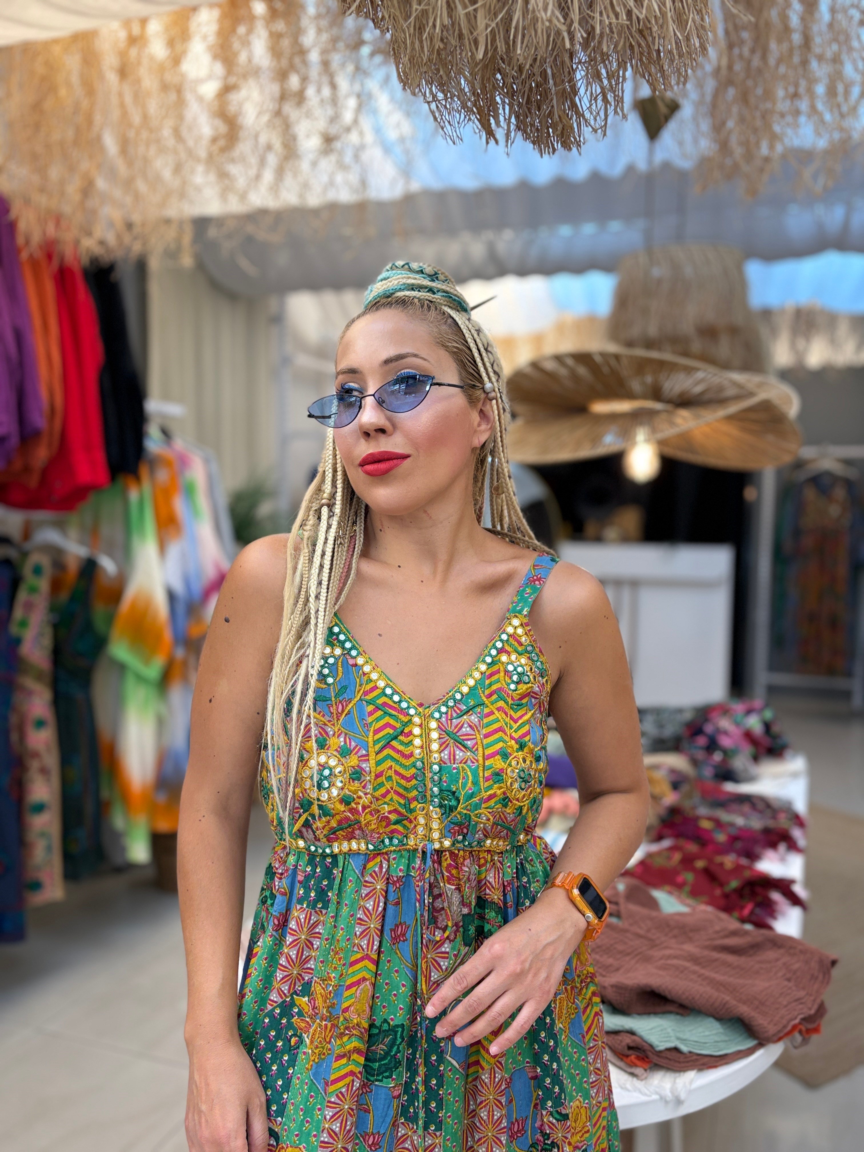 İthal Patchwork Aynalı Yeşil Askılı Elbise