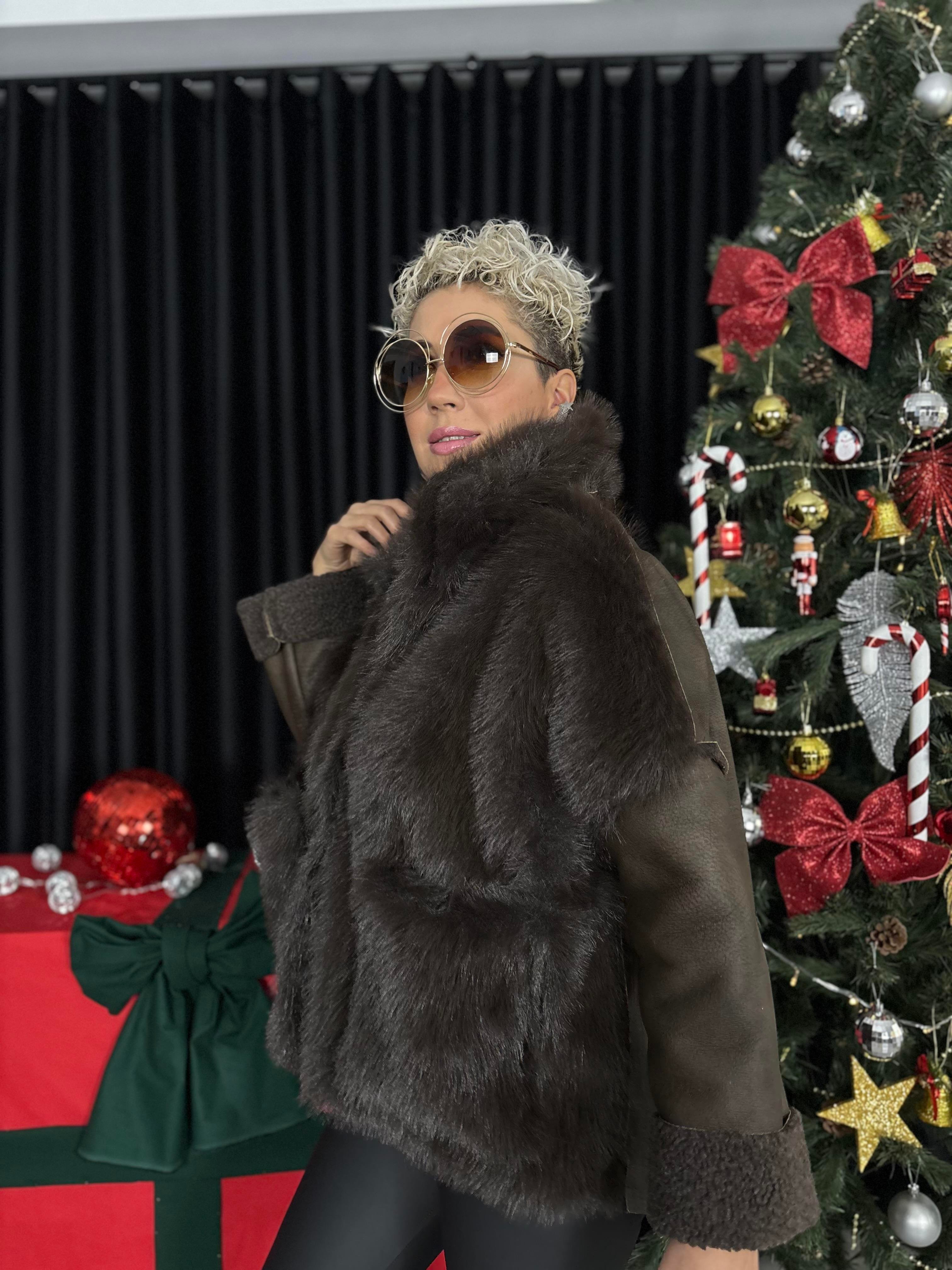 İthal Premium Kahve Deri Kürk Mont