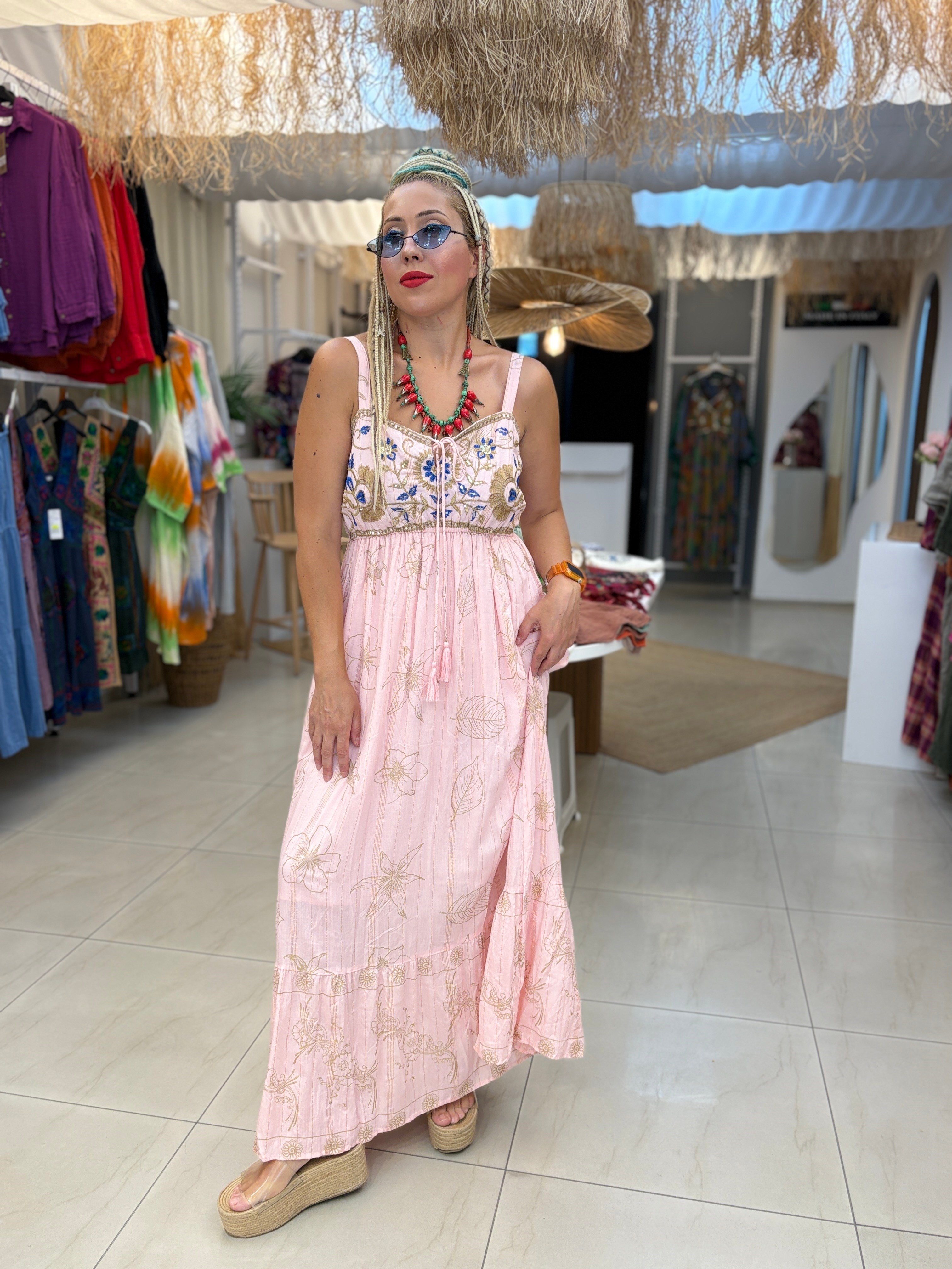 İthal Toz Pembe İşlemeli Askılı Elbise