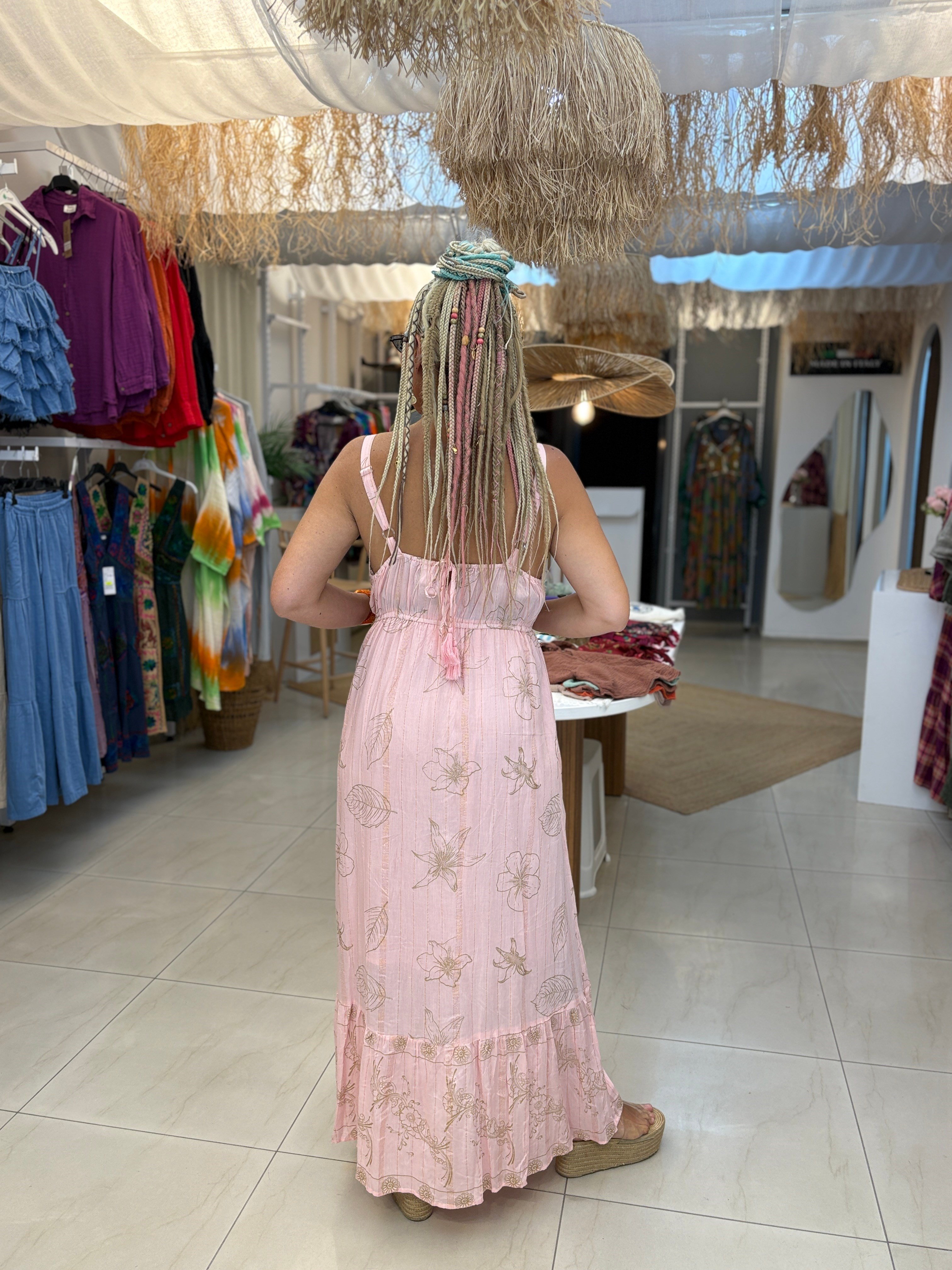 İthal Toz Pembe İşlemeli Askılı Elbise