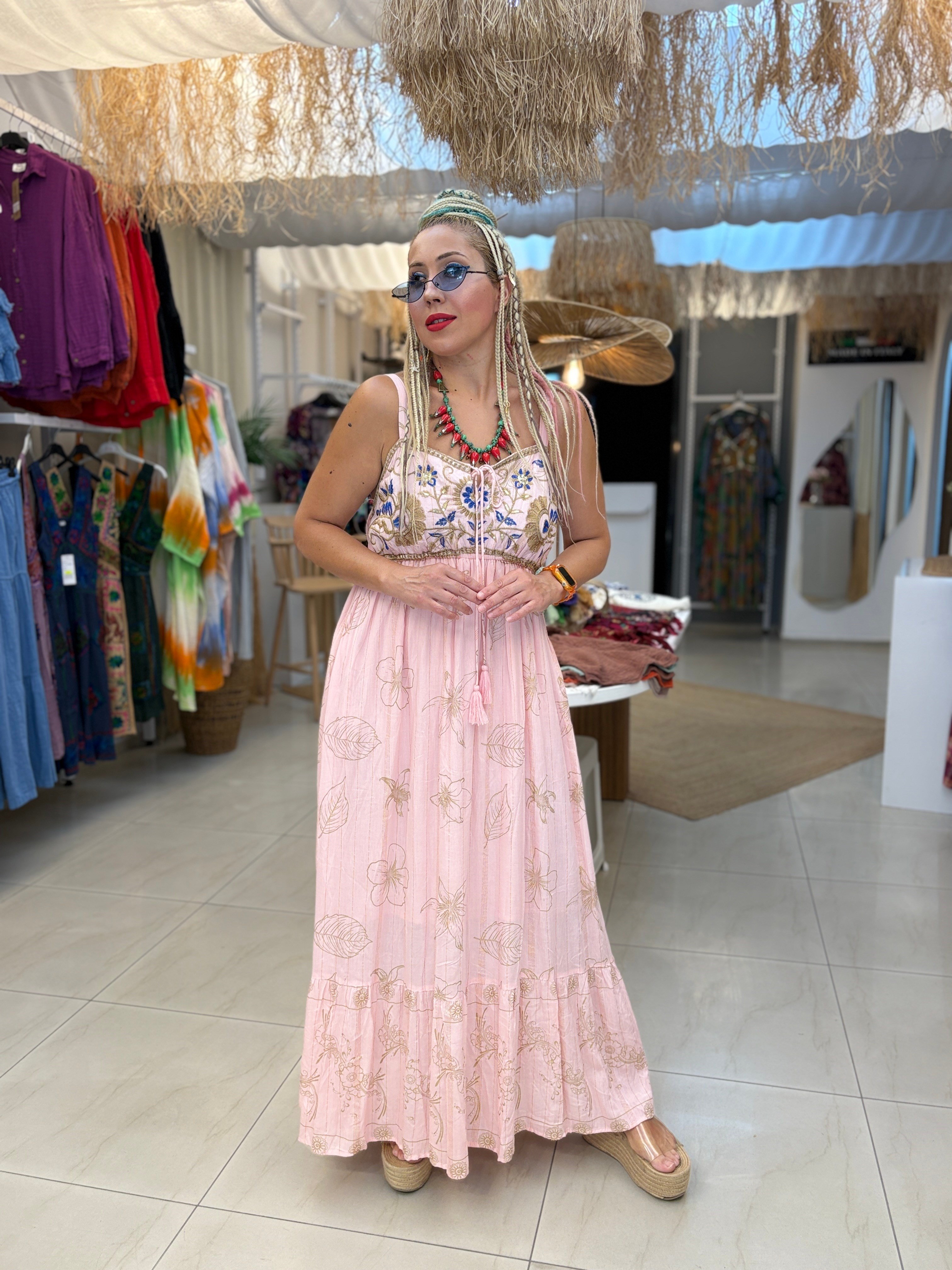 İthal Toz Pembe İşlemeli Askılı Elbise