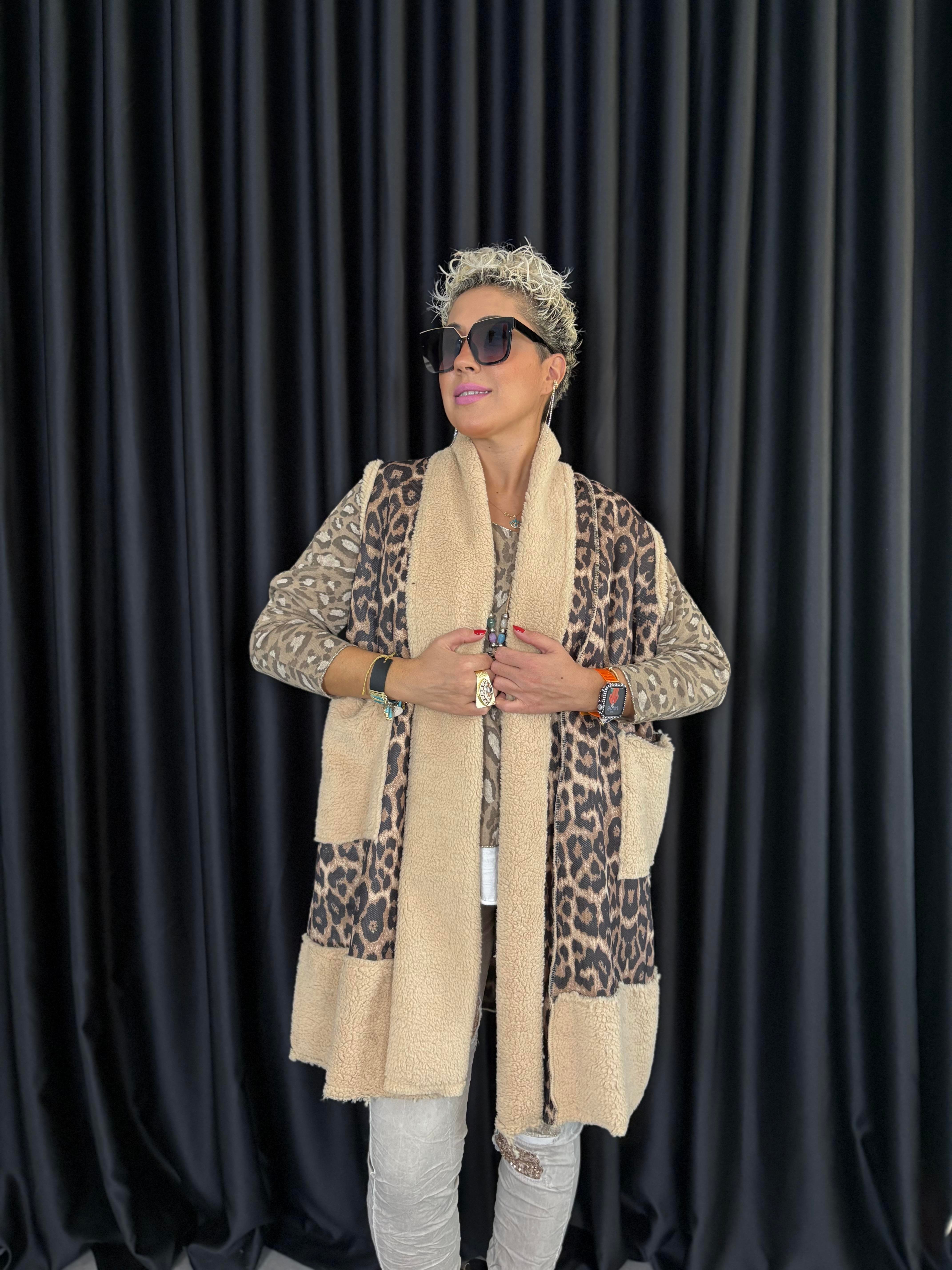 Kahve Leopar Kürklü Yelek