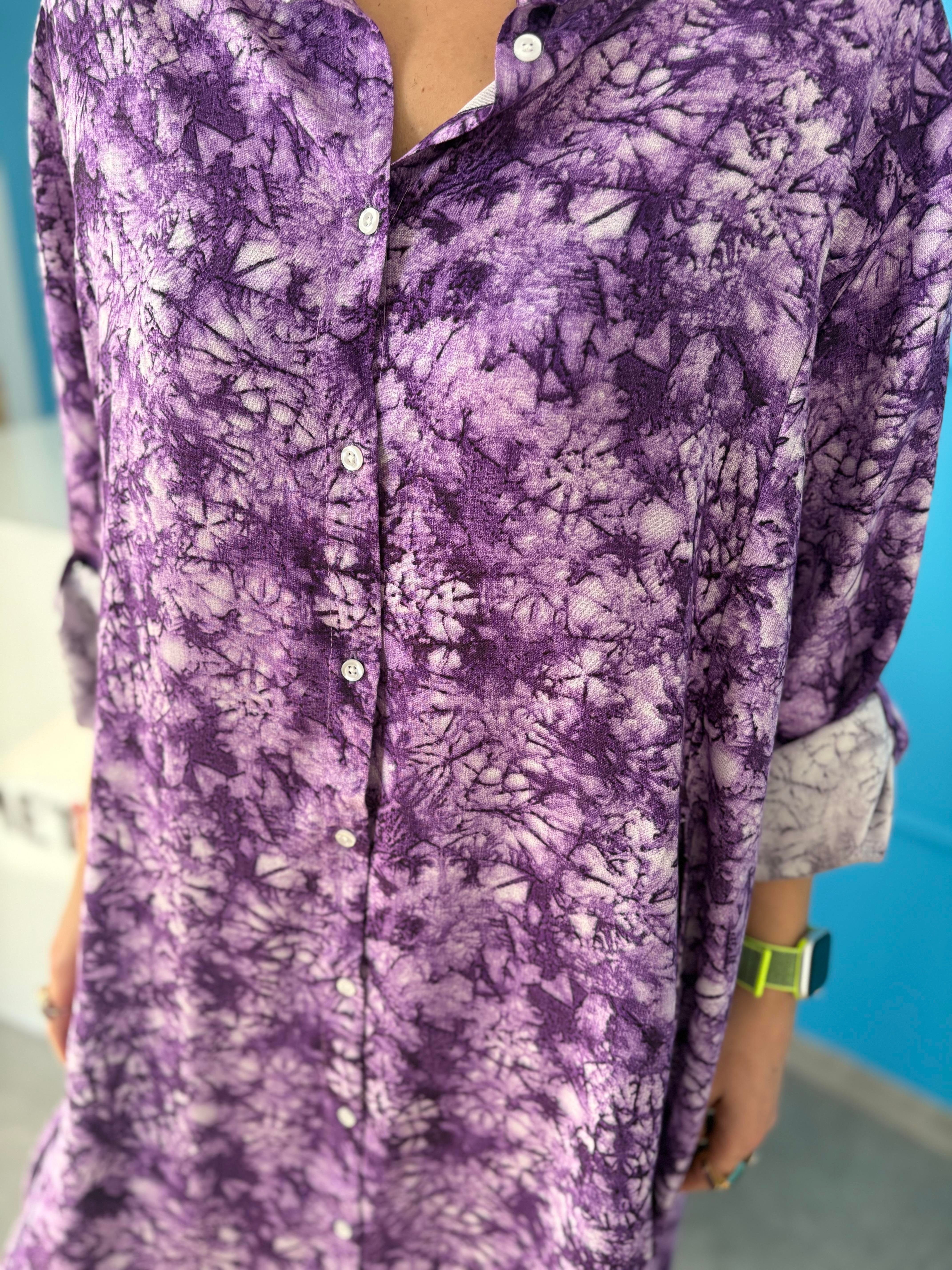 Karışık Desenli Mor Gömlek Elbise