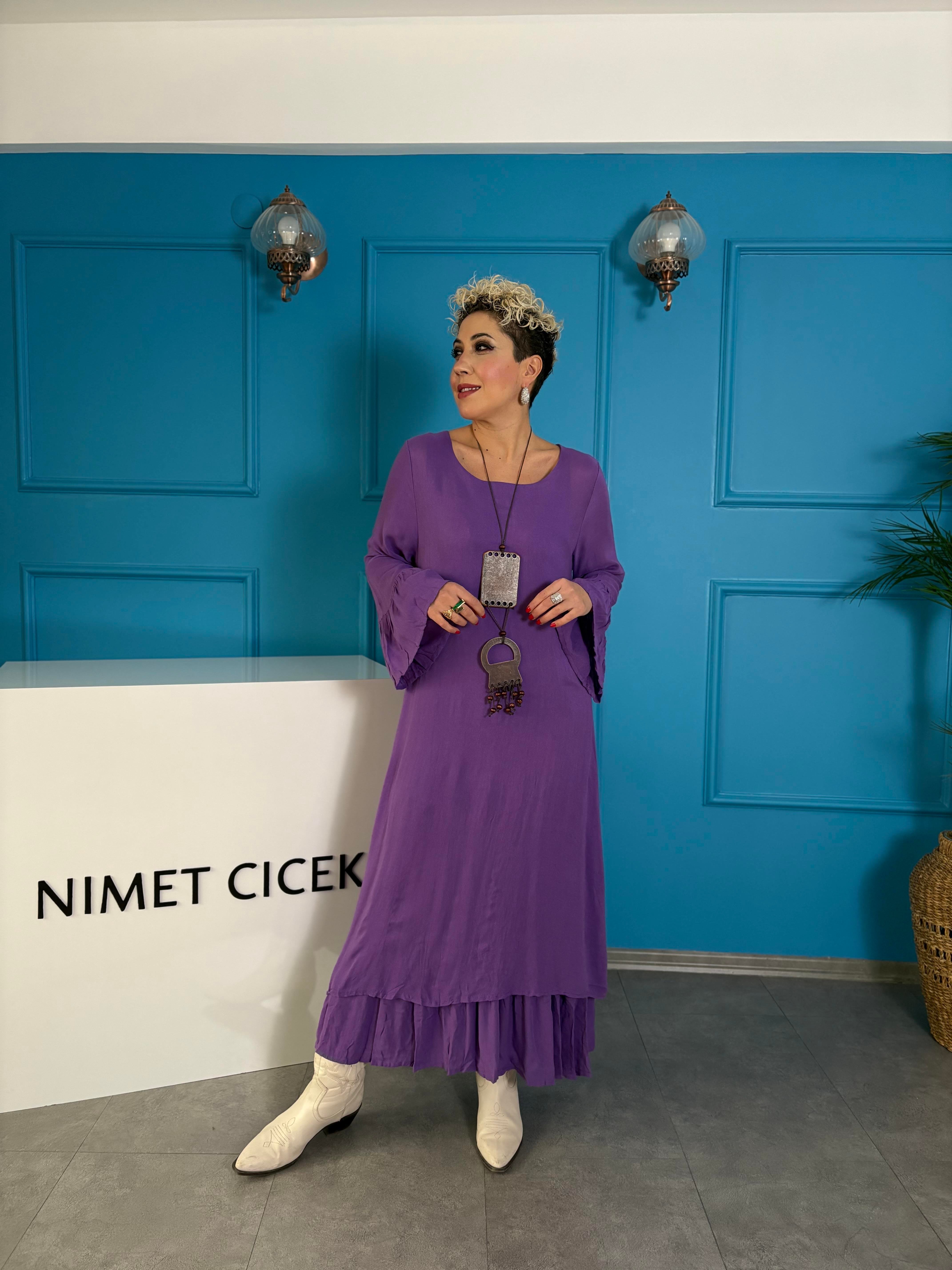 Kolyeli Uzun Mor Bohem Elbise