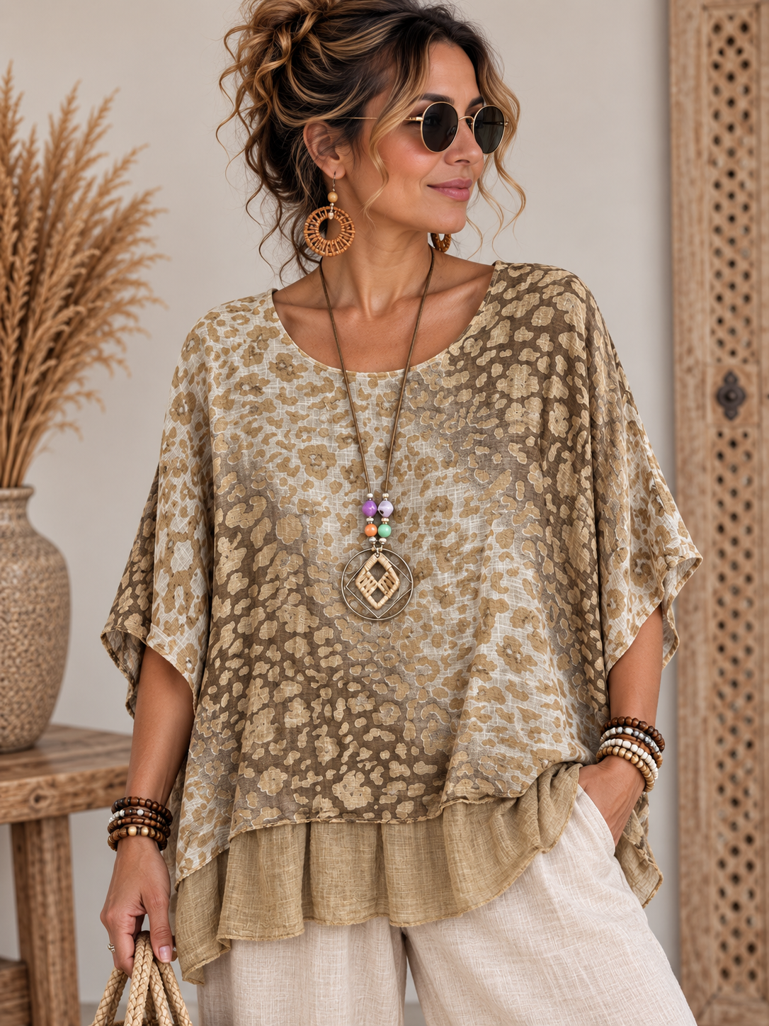 Leopar Desenli Pamuklu İtalyan Kolyeli Camel Bluz