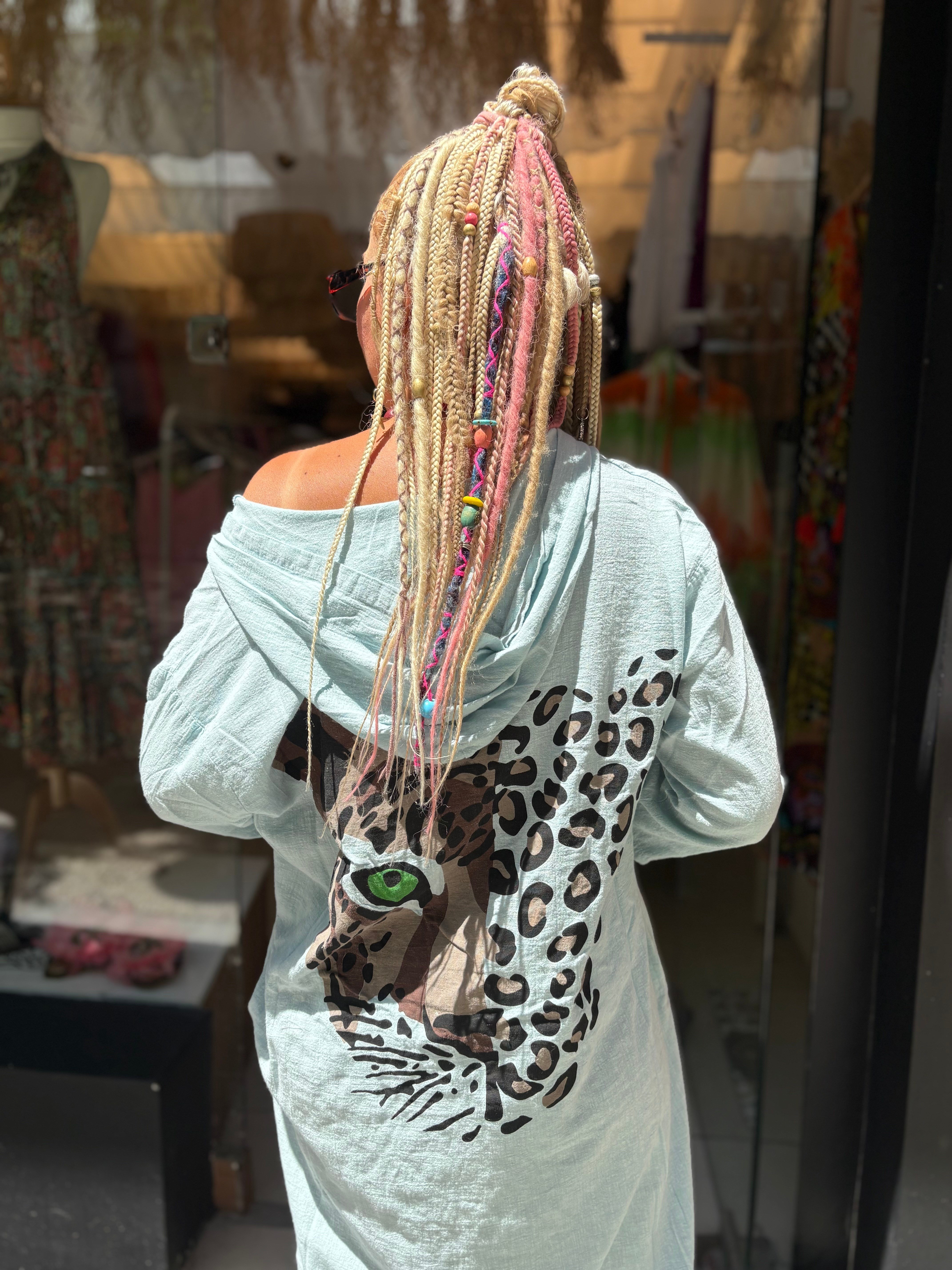 Leopar Detaylı Bebe Mavisi Pamuk Keten Elbise