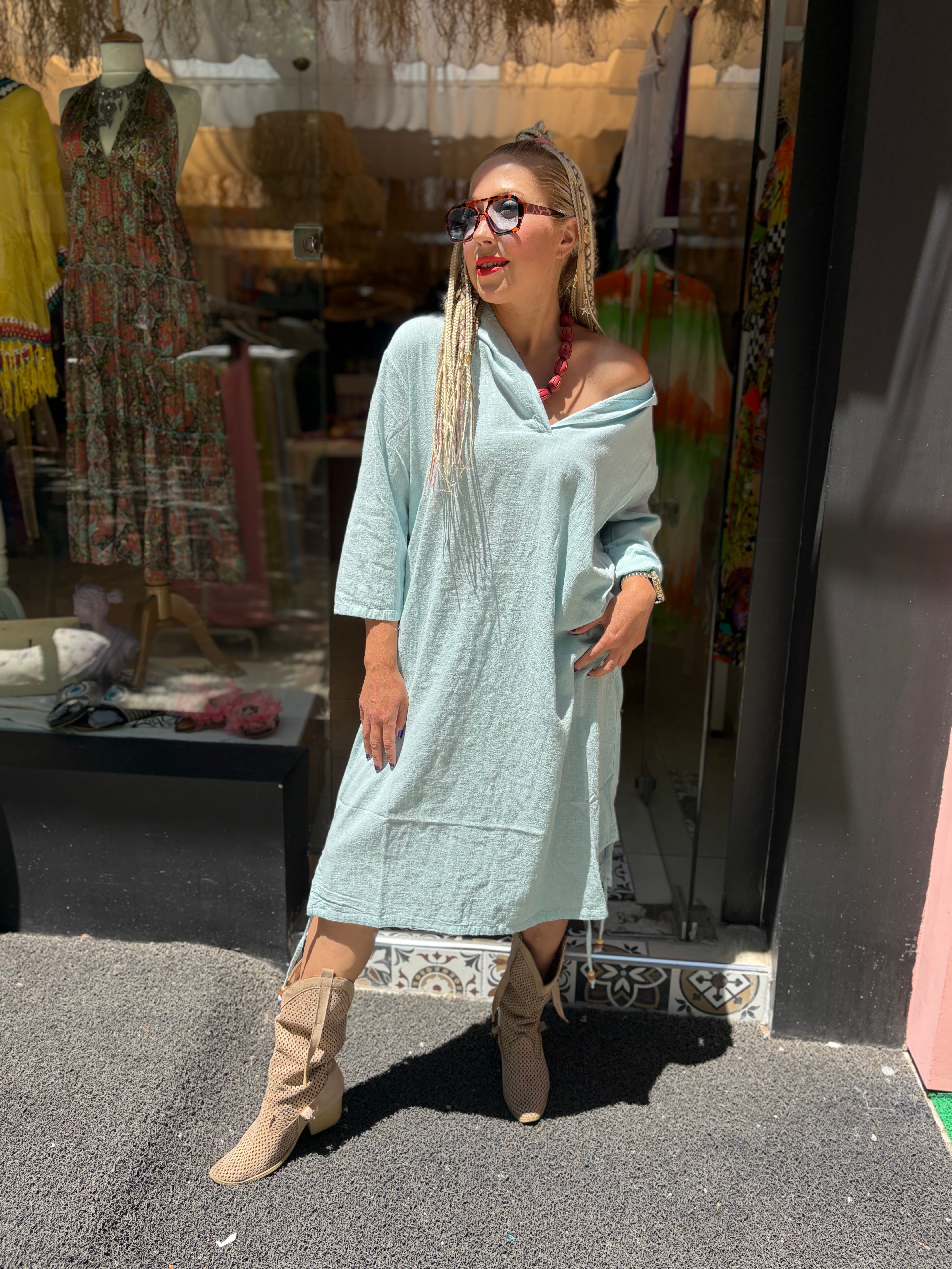 Leopar Detaylı Bebe Mavisi Pamuk Keten Elbise