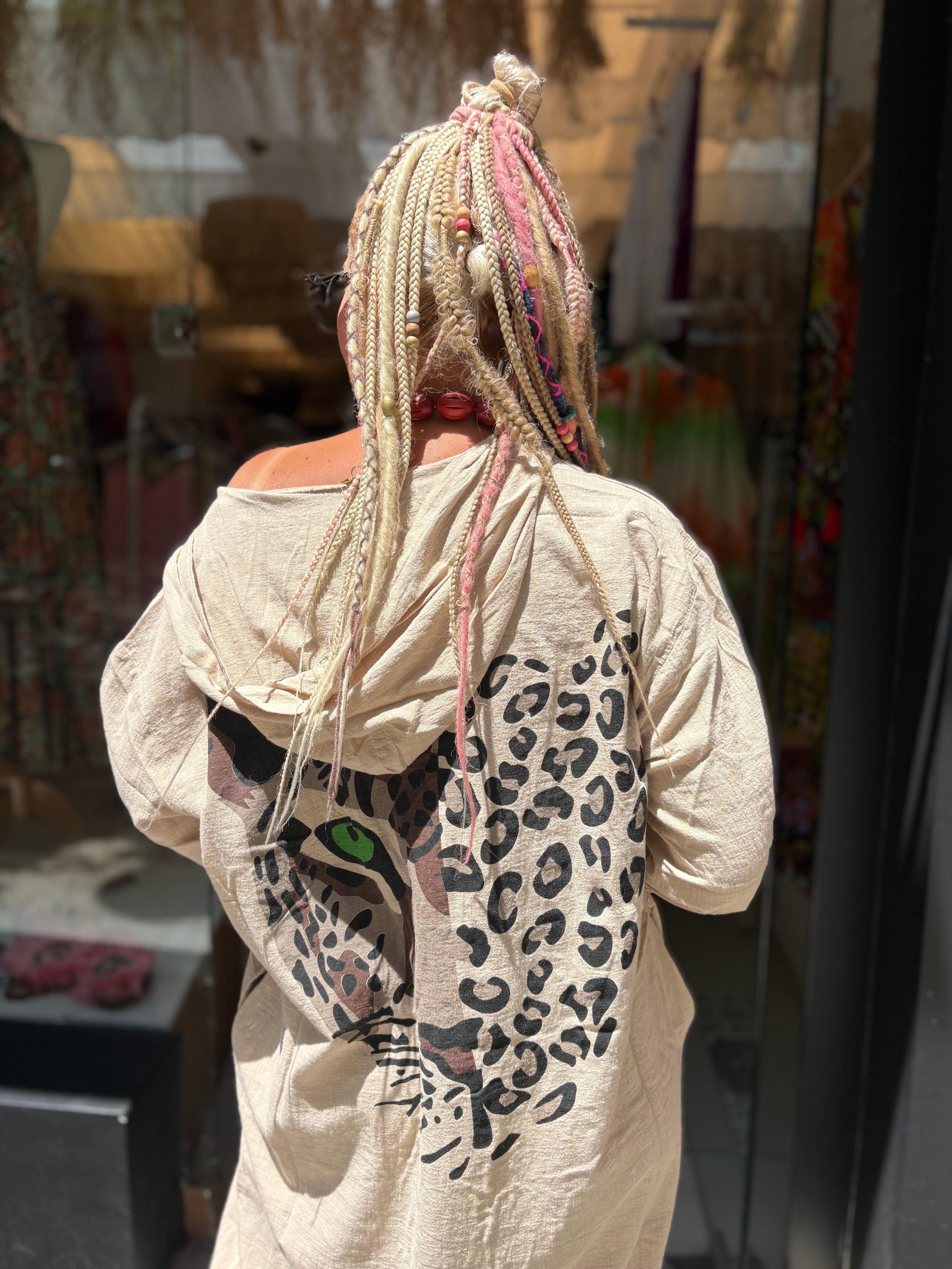Leopar Detaylı Bej Pamuk Keten Elbise