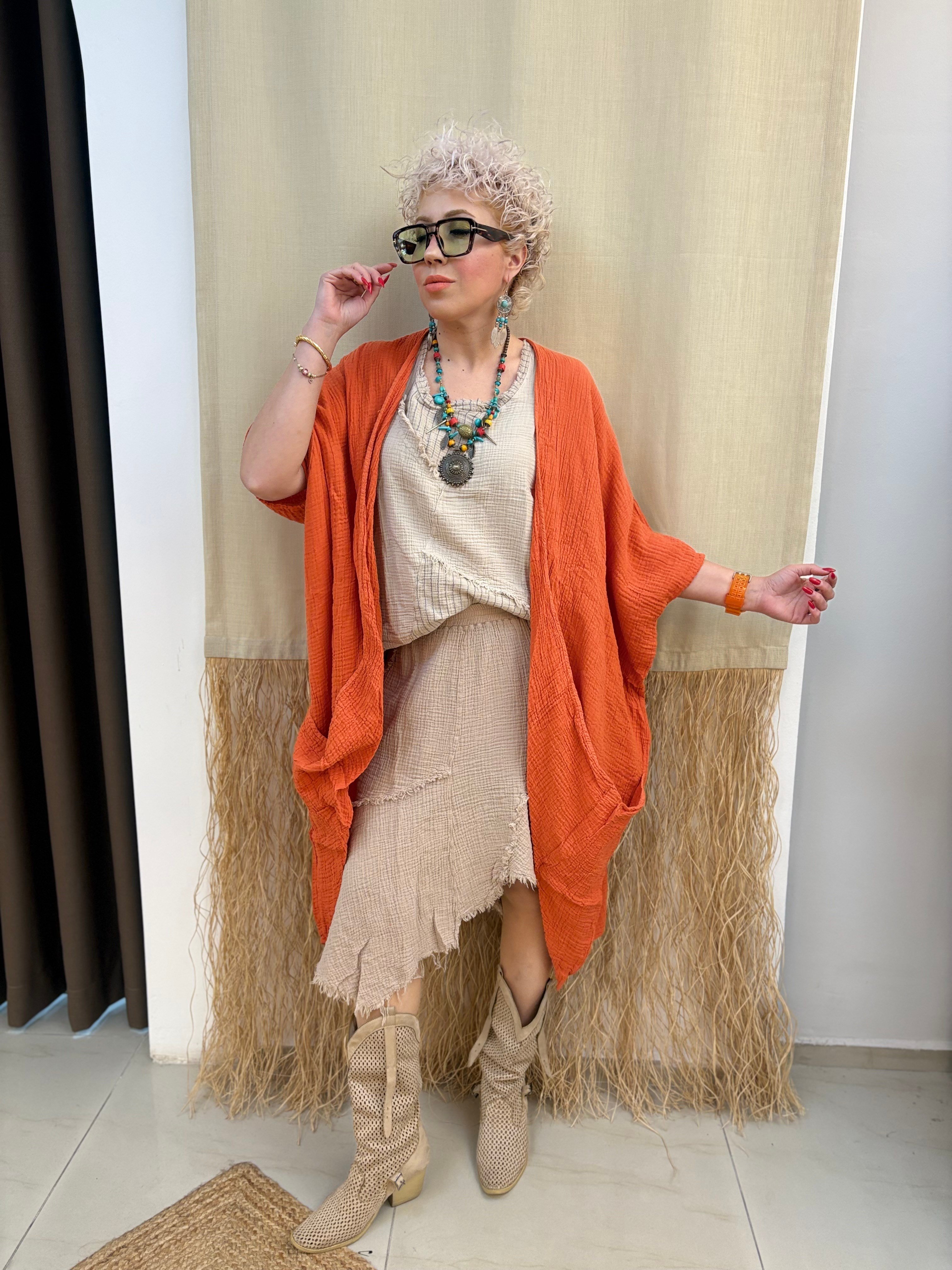 Müslin Kiremit Kimono Ceket