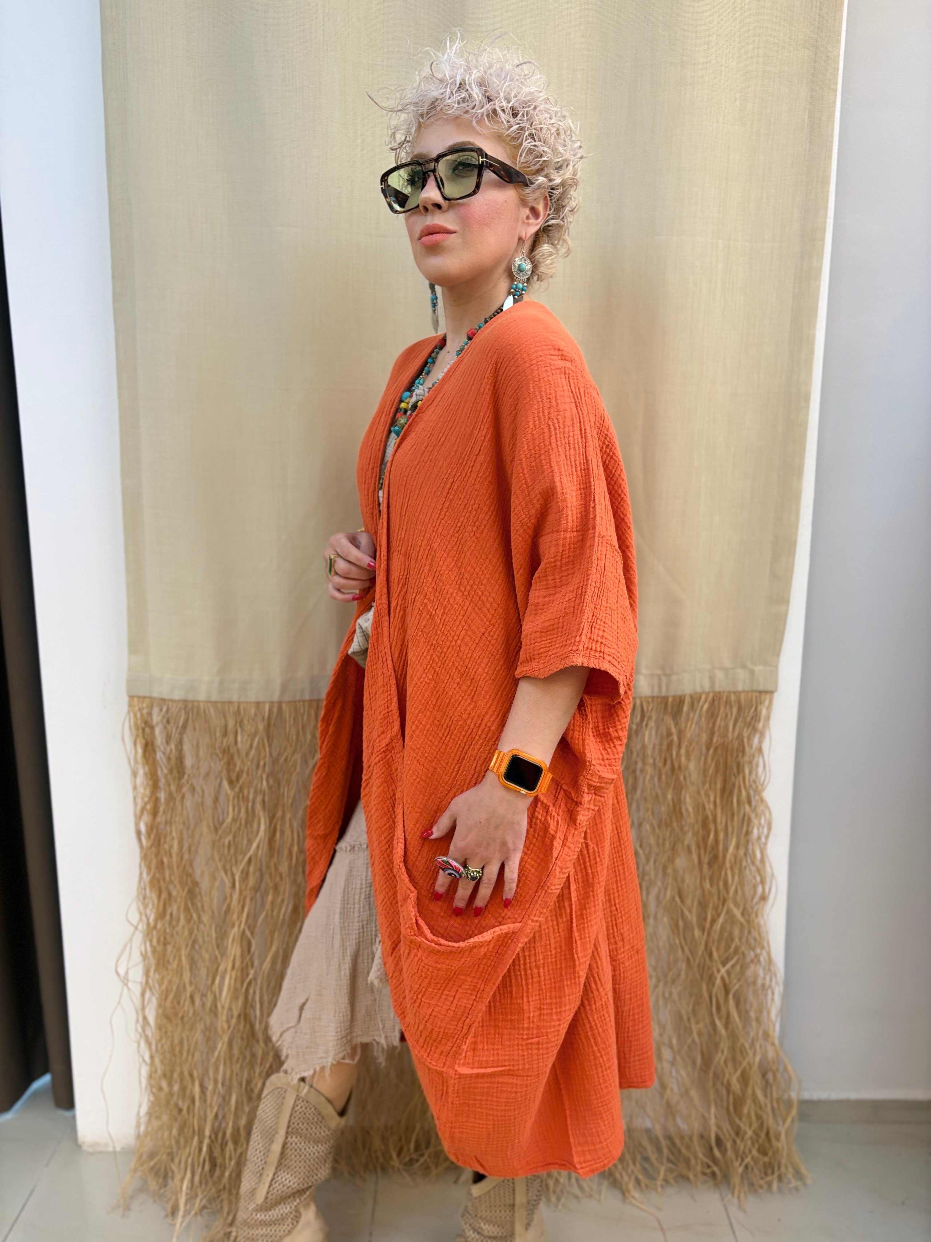 Müslin Kiremit Kimono Ceket