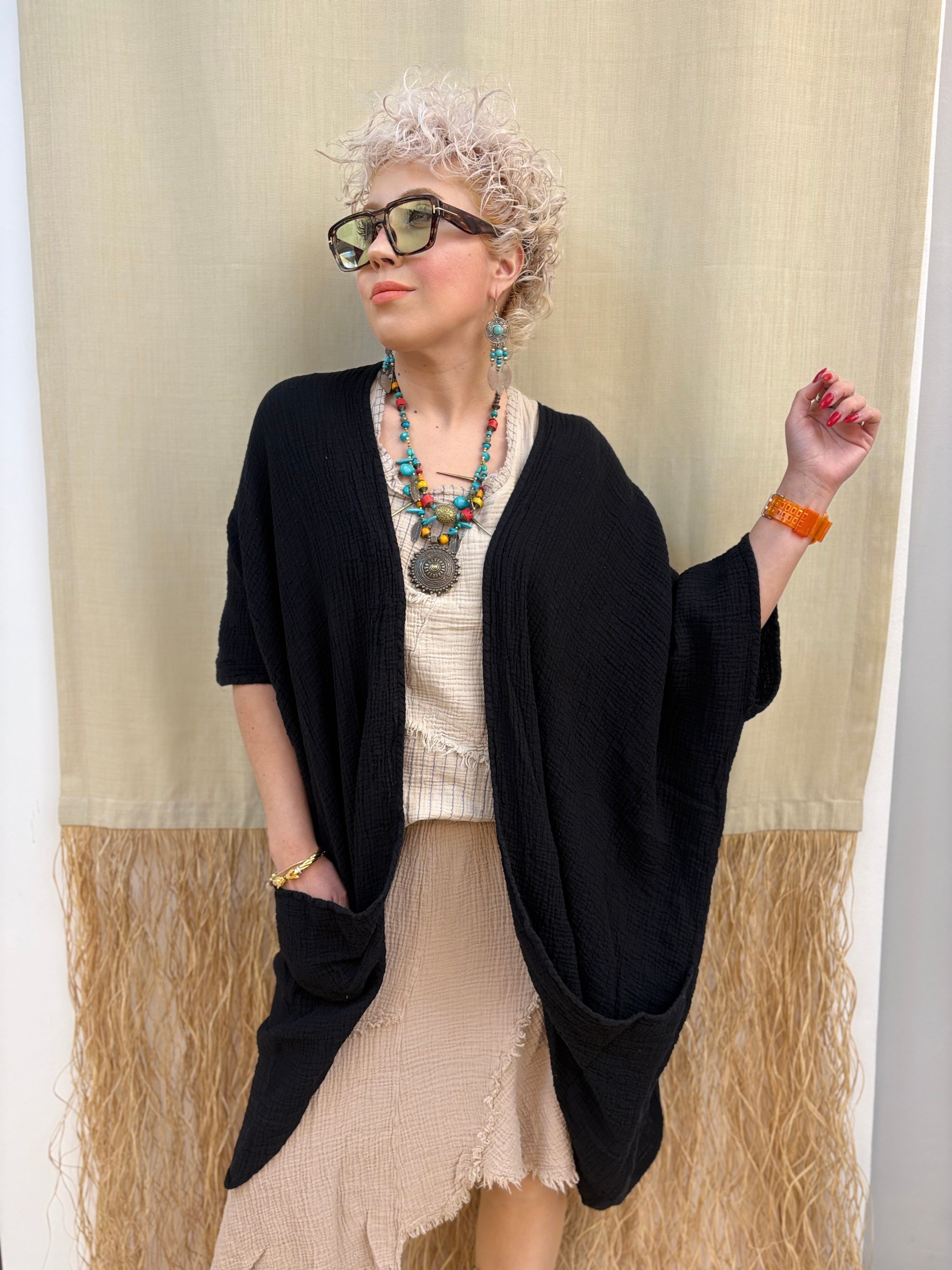 Müslin Siyah Kimono Ceket