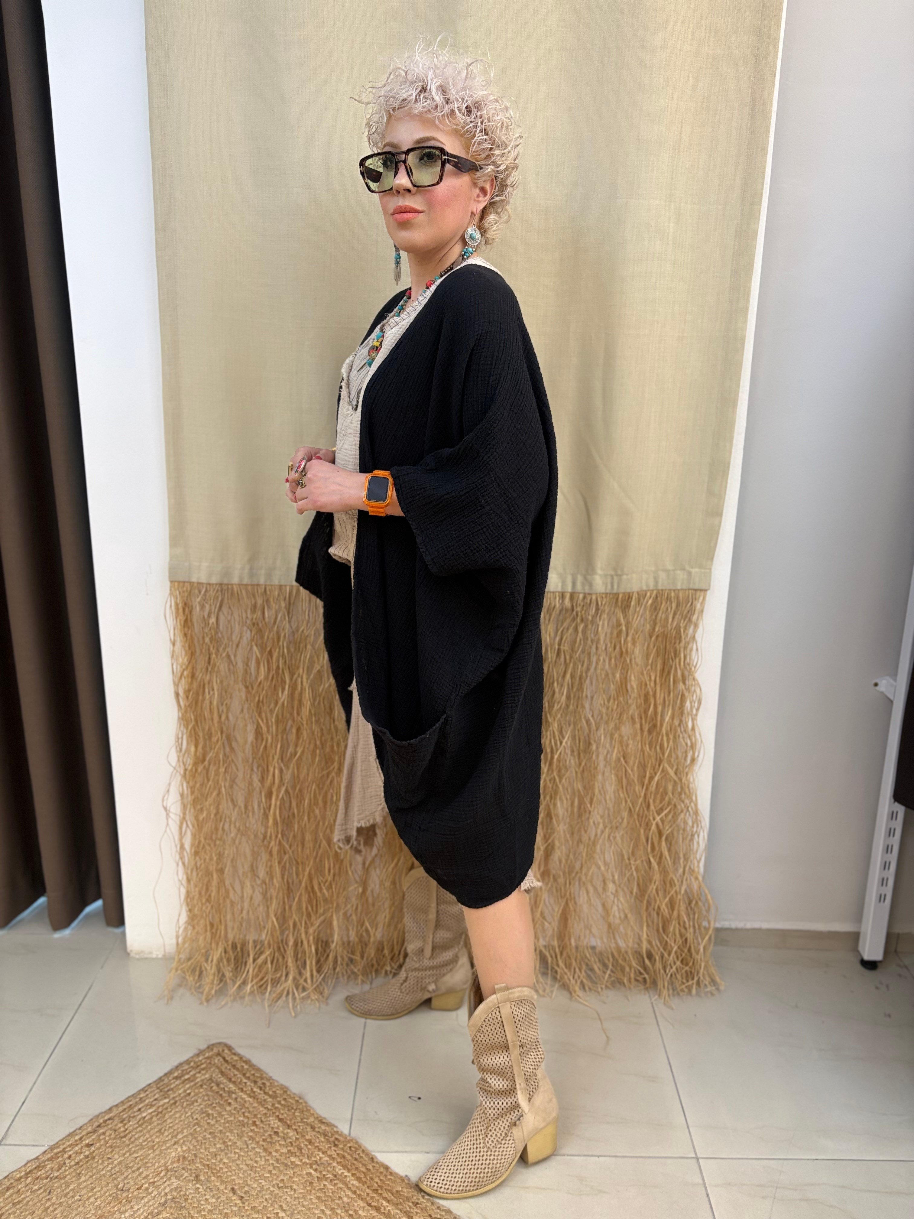Müslin Siyah Kimono Ceket