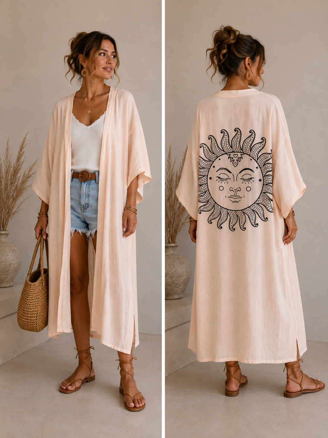 Pamuklu Güneş Desenli Yavruağzı Kimono