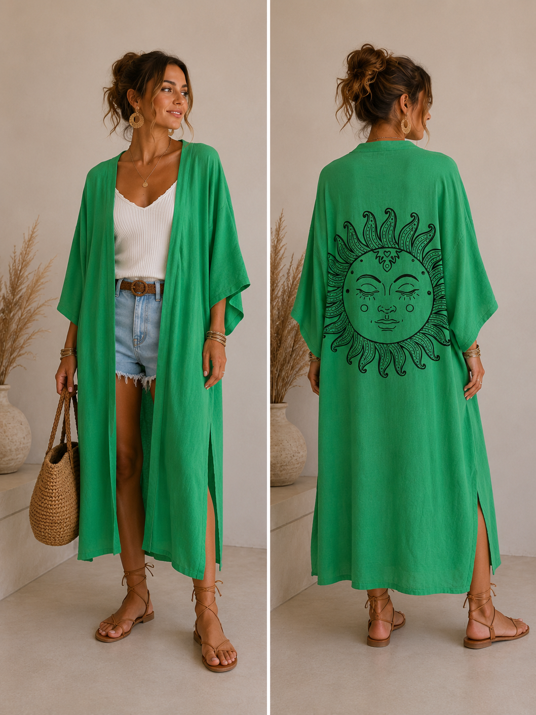 Pamuklu Güneş Desenli Yeşil Kimono