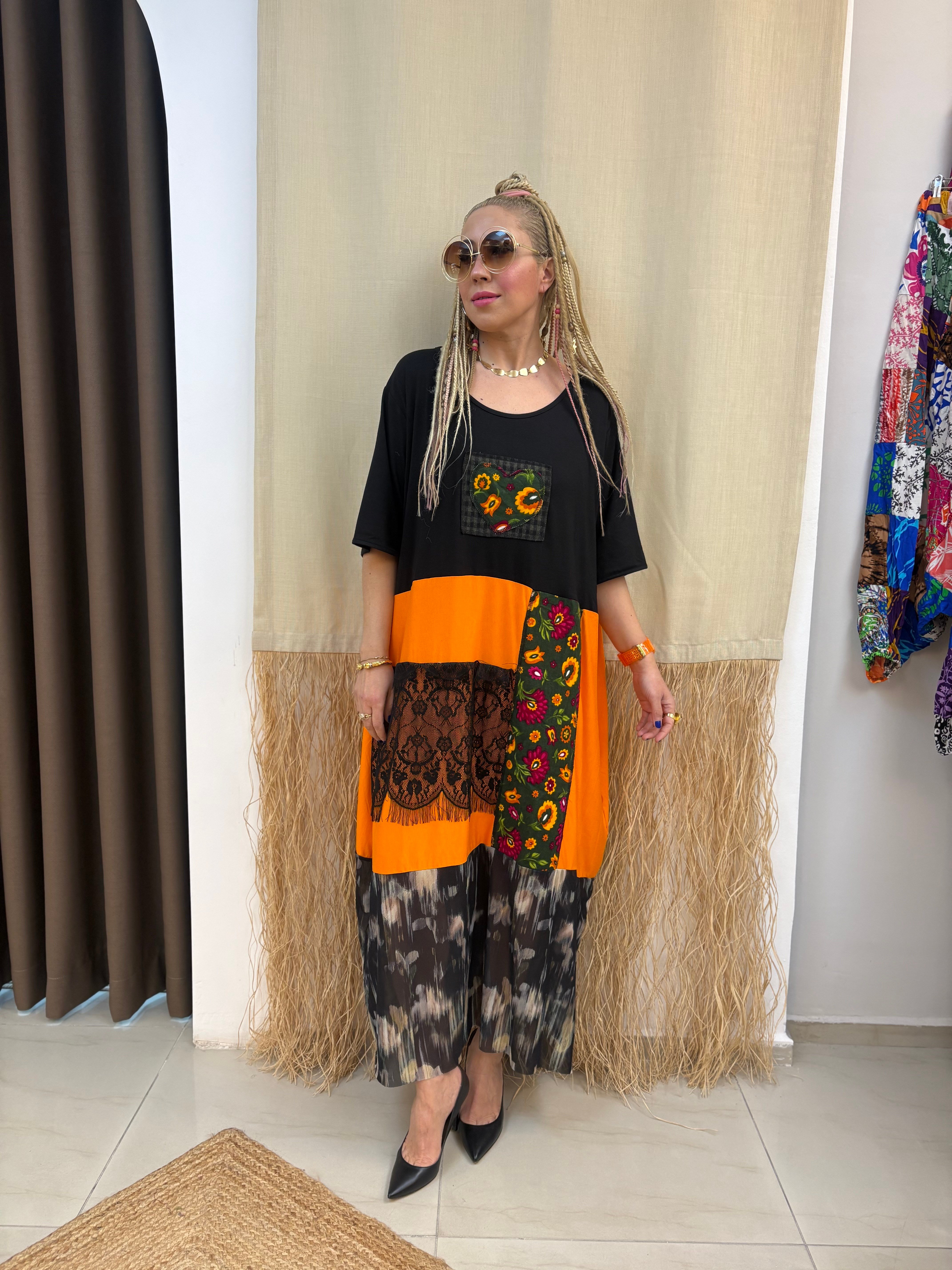 Tasarım Patchwork Siyah Elbise