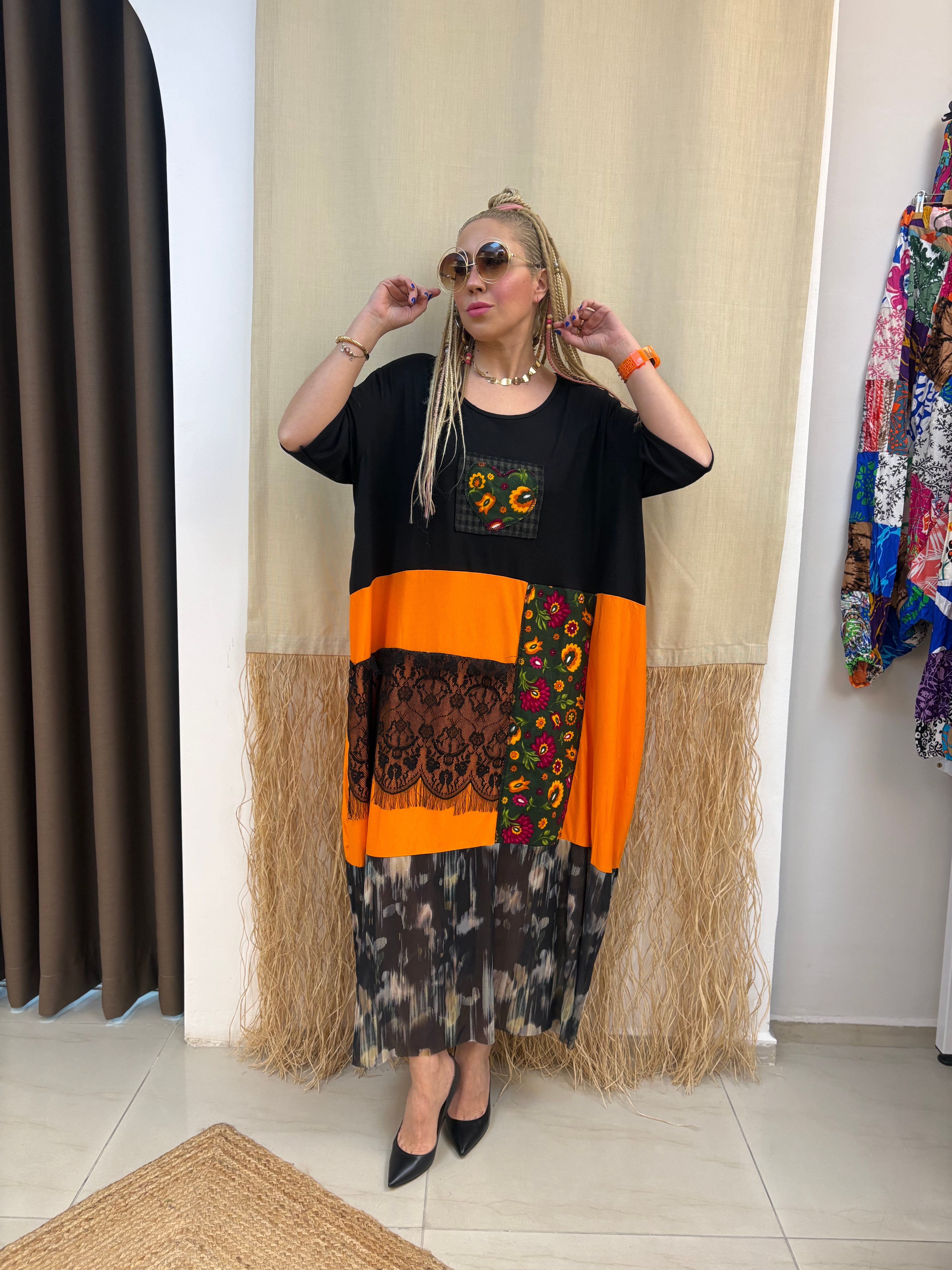 Tasarım Patchwork Siyah Elbise