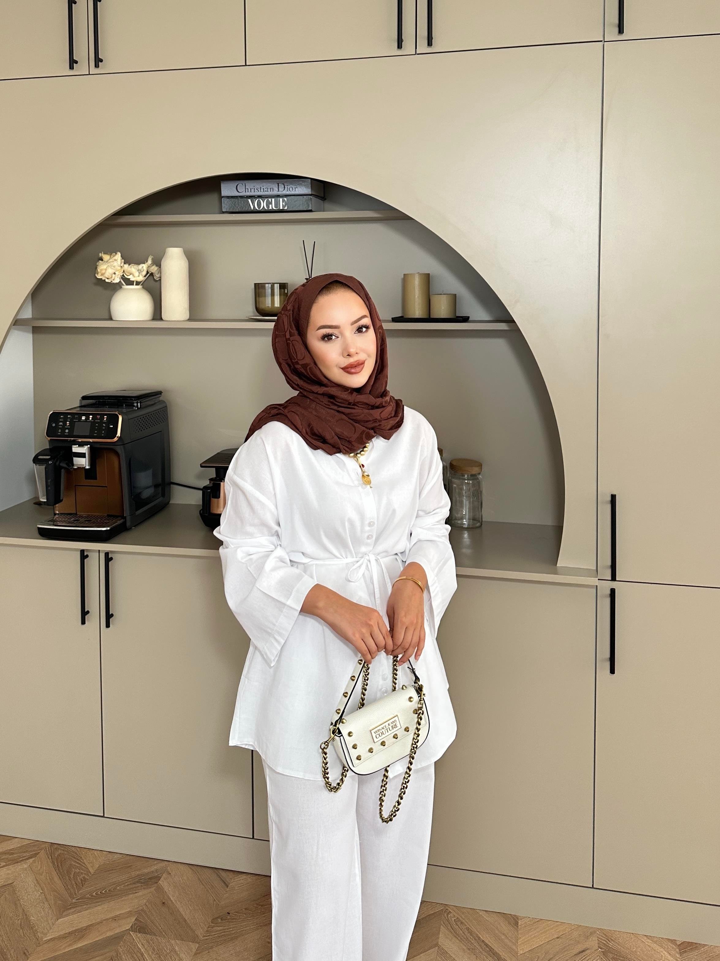 Aisha Keten Pantolonlu Takım Beyaz