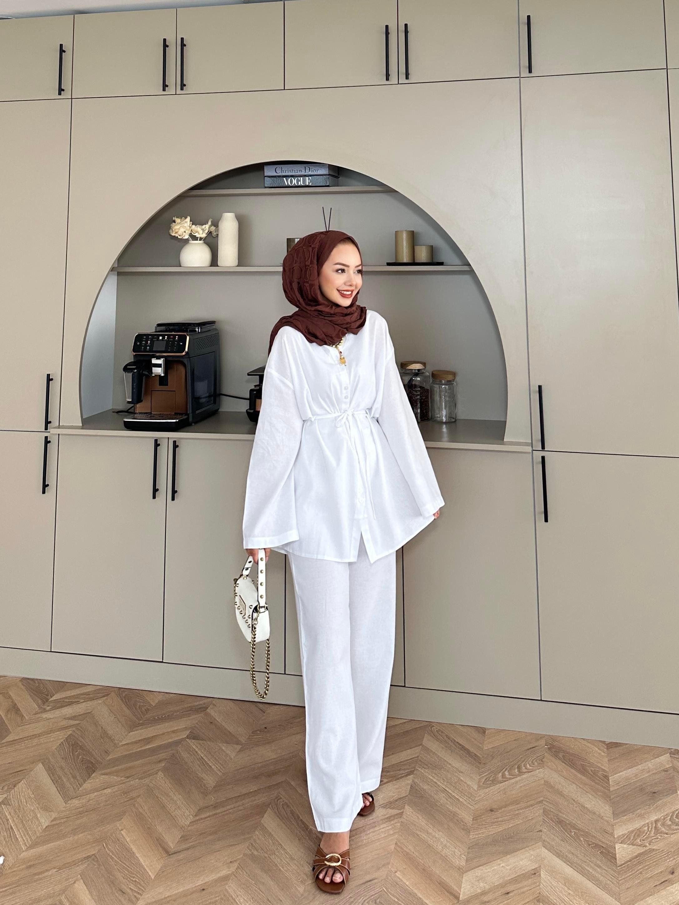 Aisha Keten Pantolonlu Takım Beyaz