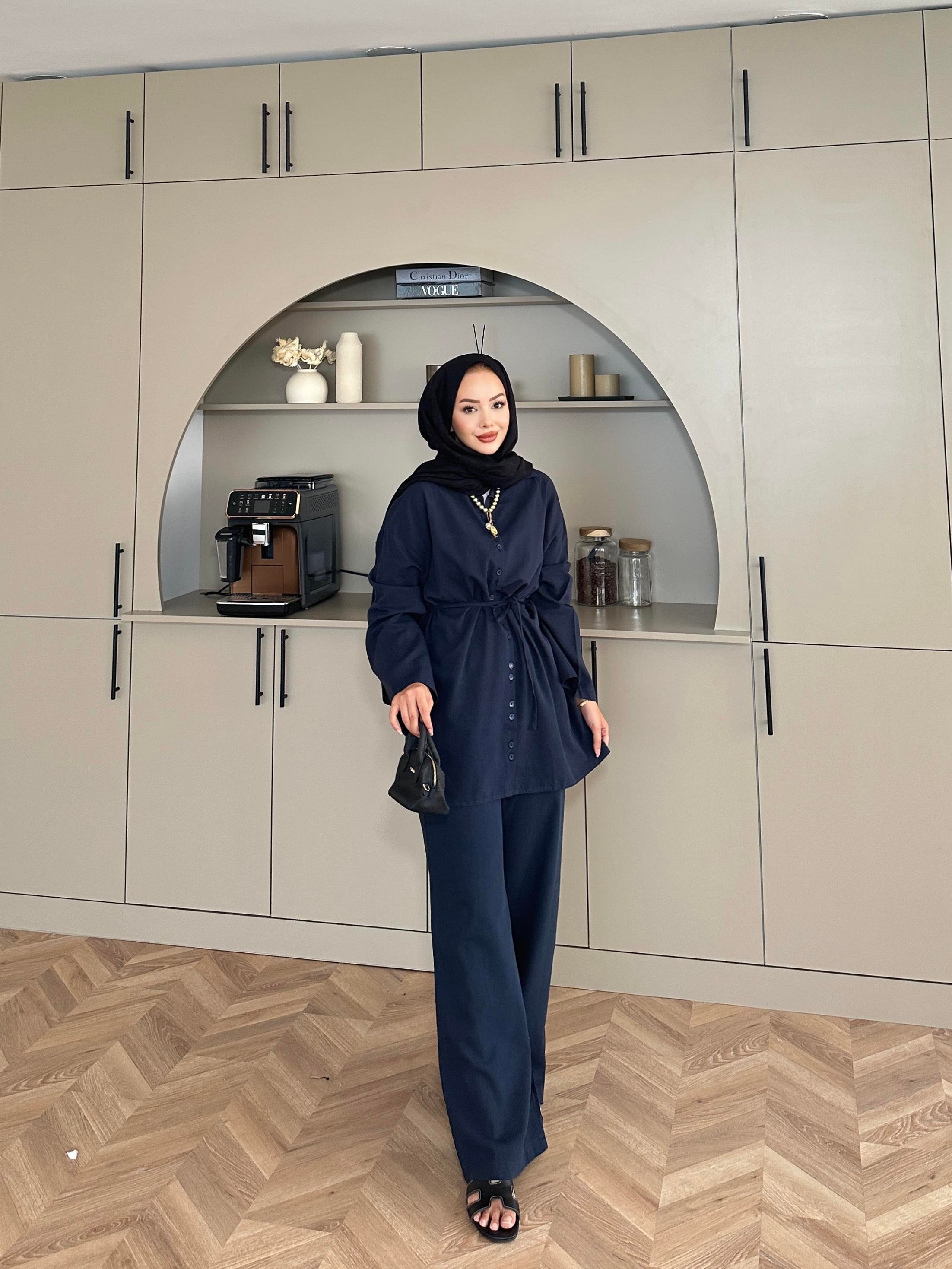 Aisha Keten Pantolonlu Takım Lacivert