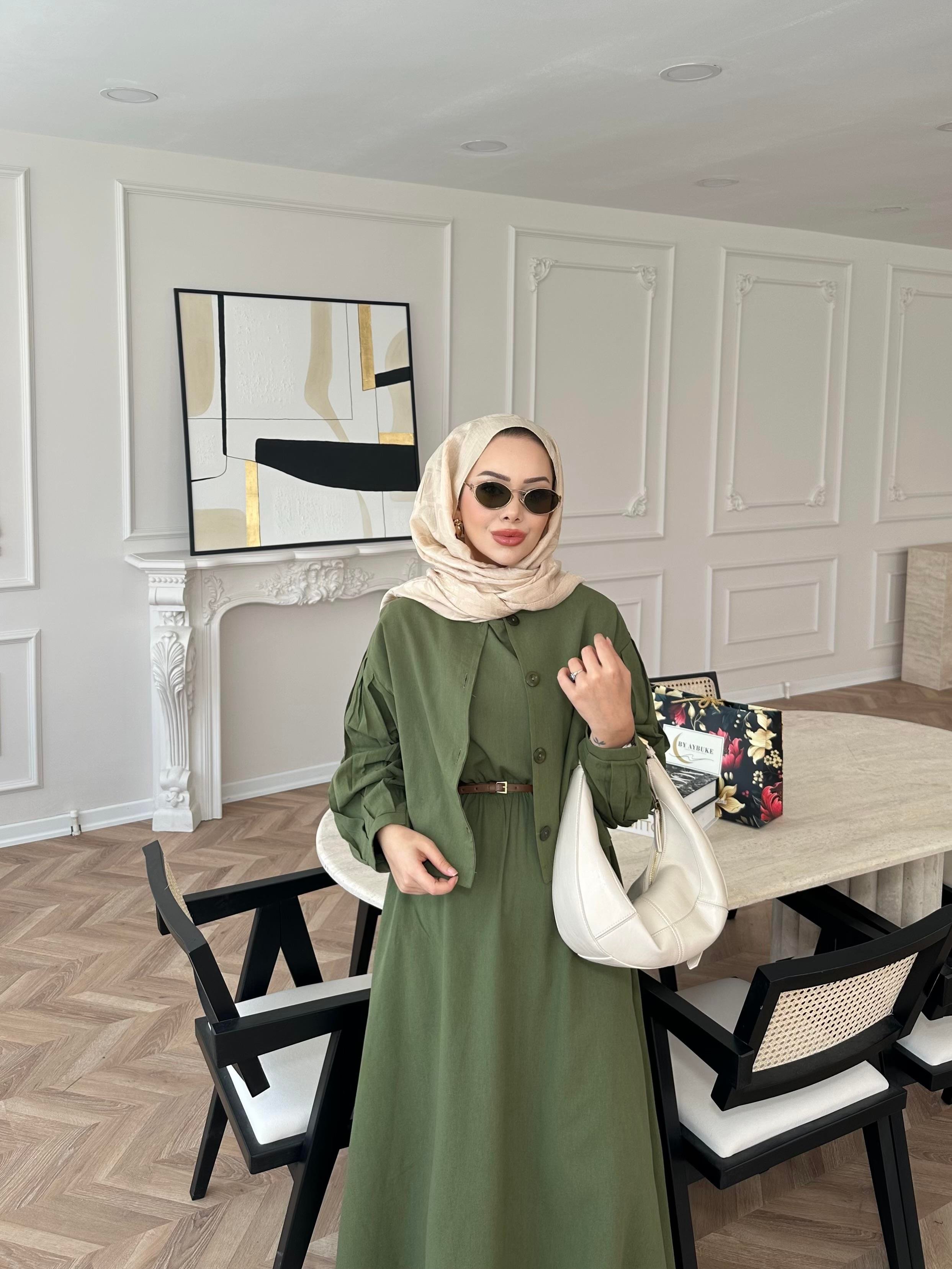 Away Keten Elbise Yeşil