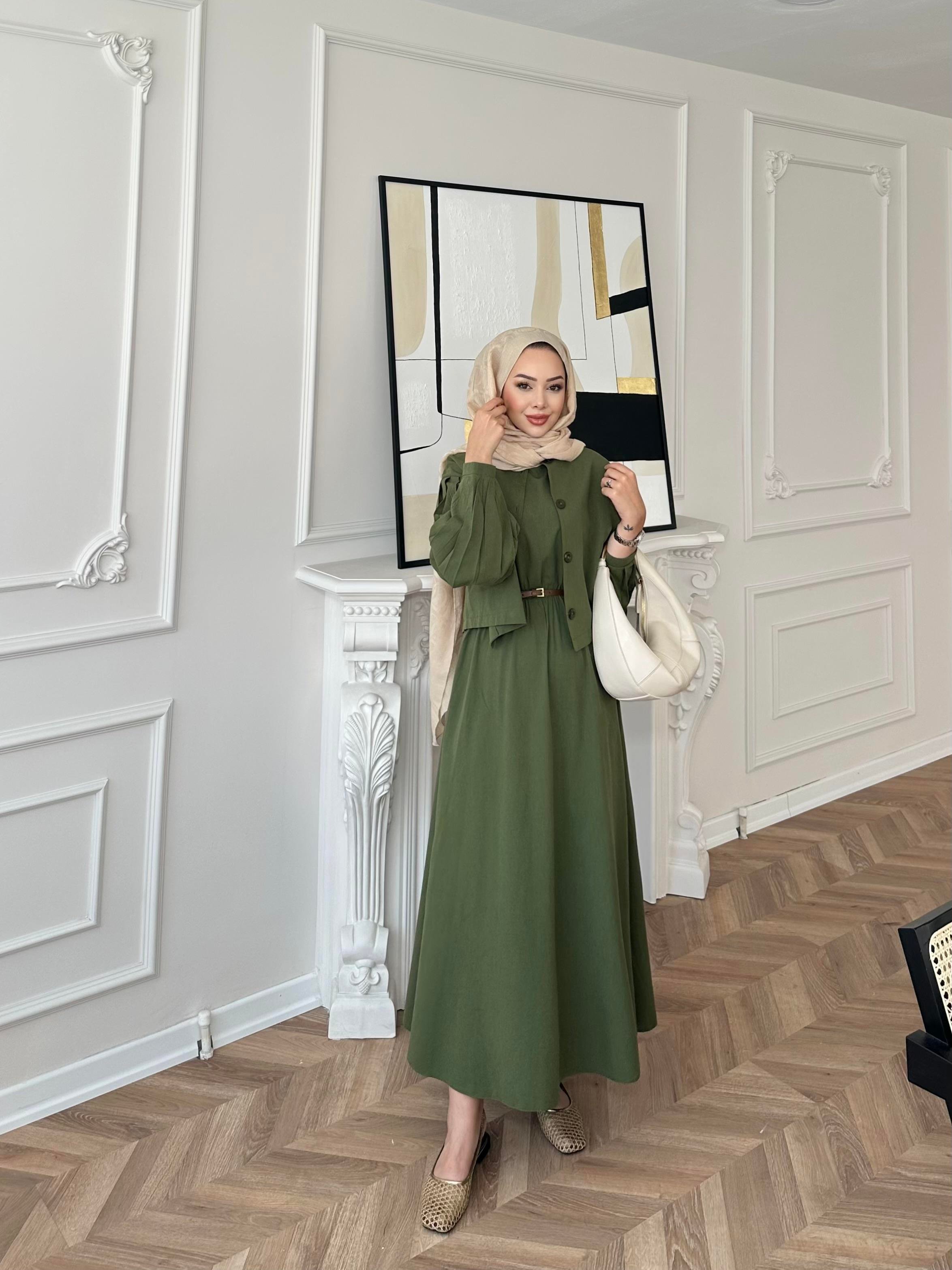 Away Keten Elbise Yeşil