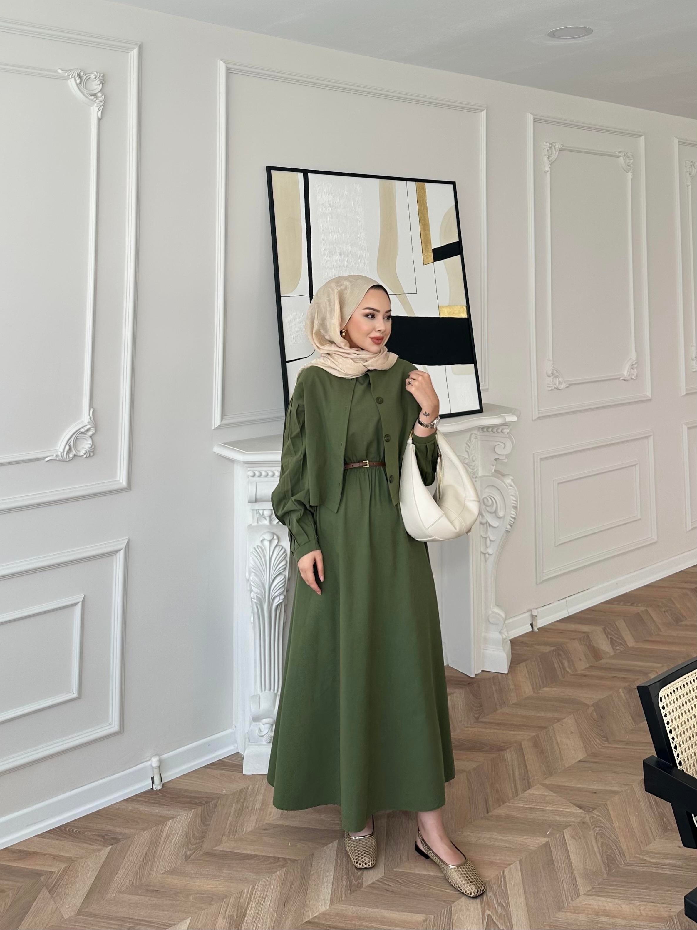 Away Keten Elbise Yeşil