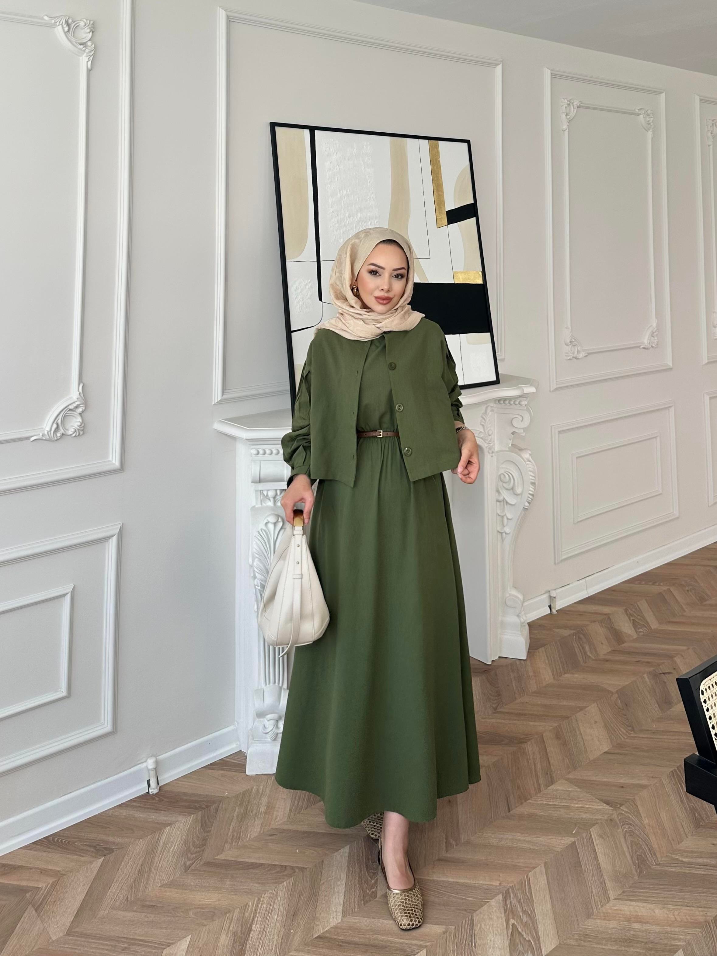 Away Keten Elbise Yeşil