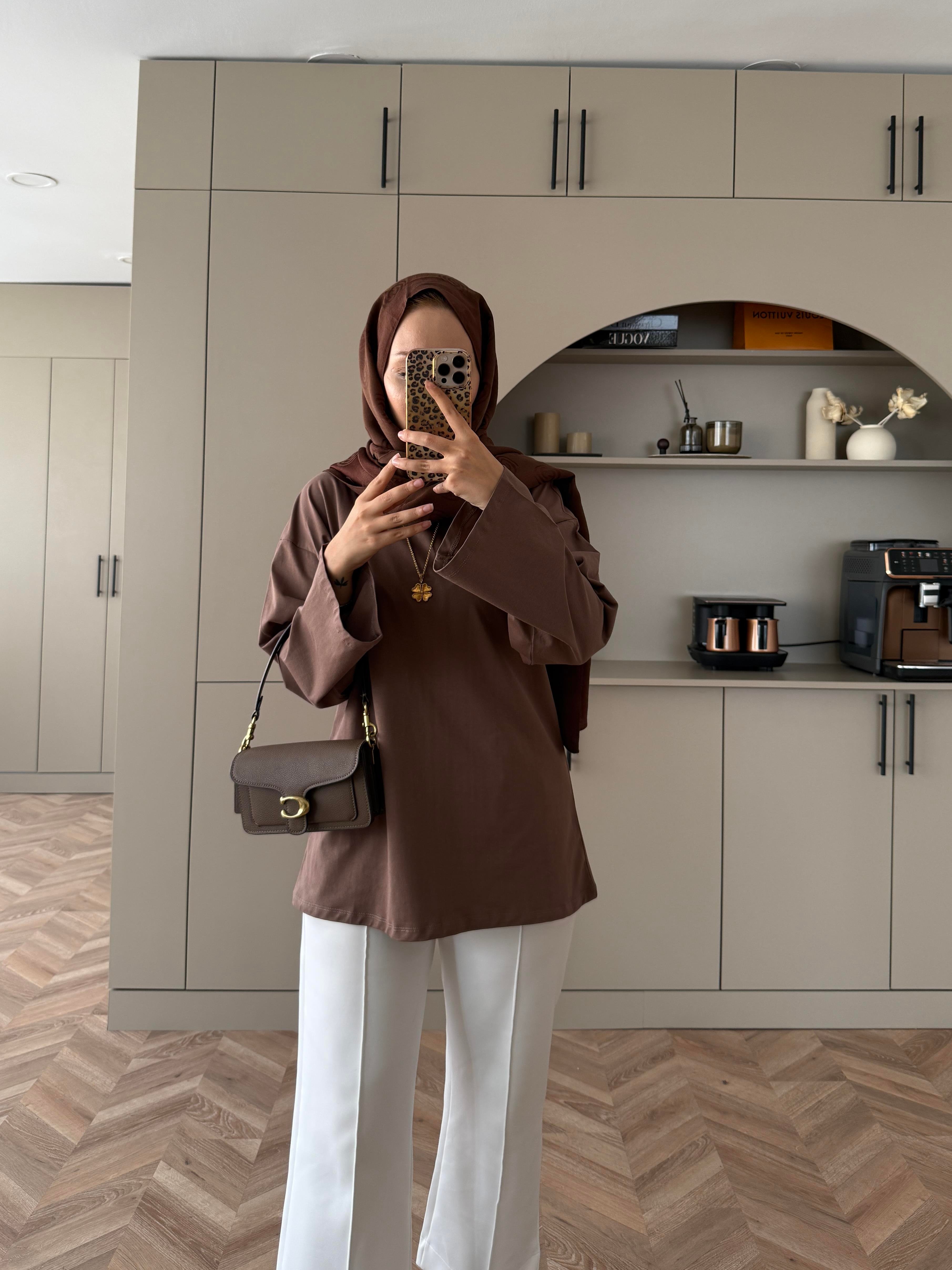 Basic Uzun Kollu Bluz Kahverengi