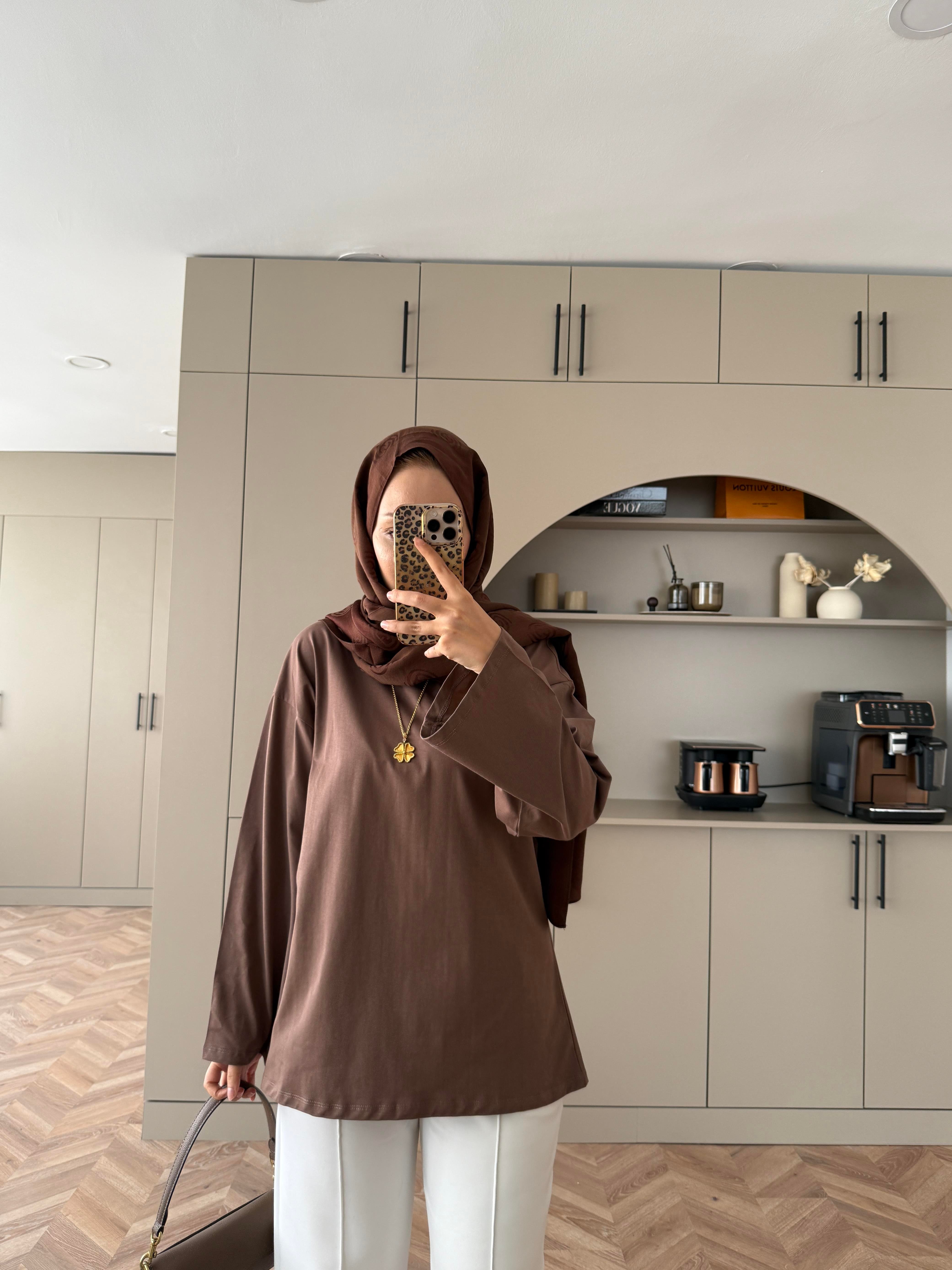 Basic Uzun Kollu Bluz Kahverengi