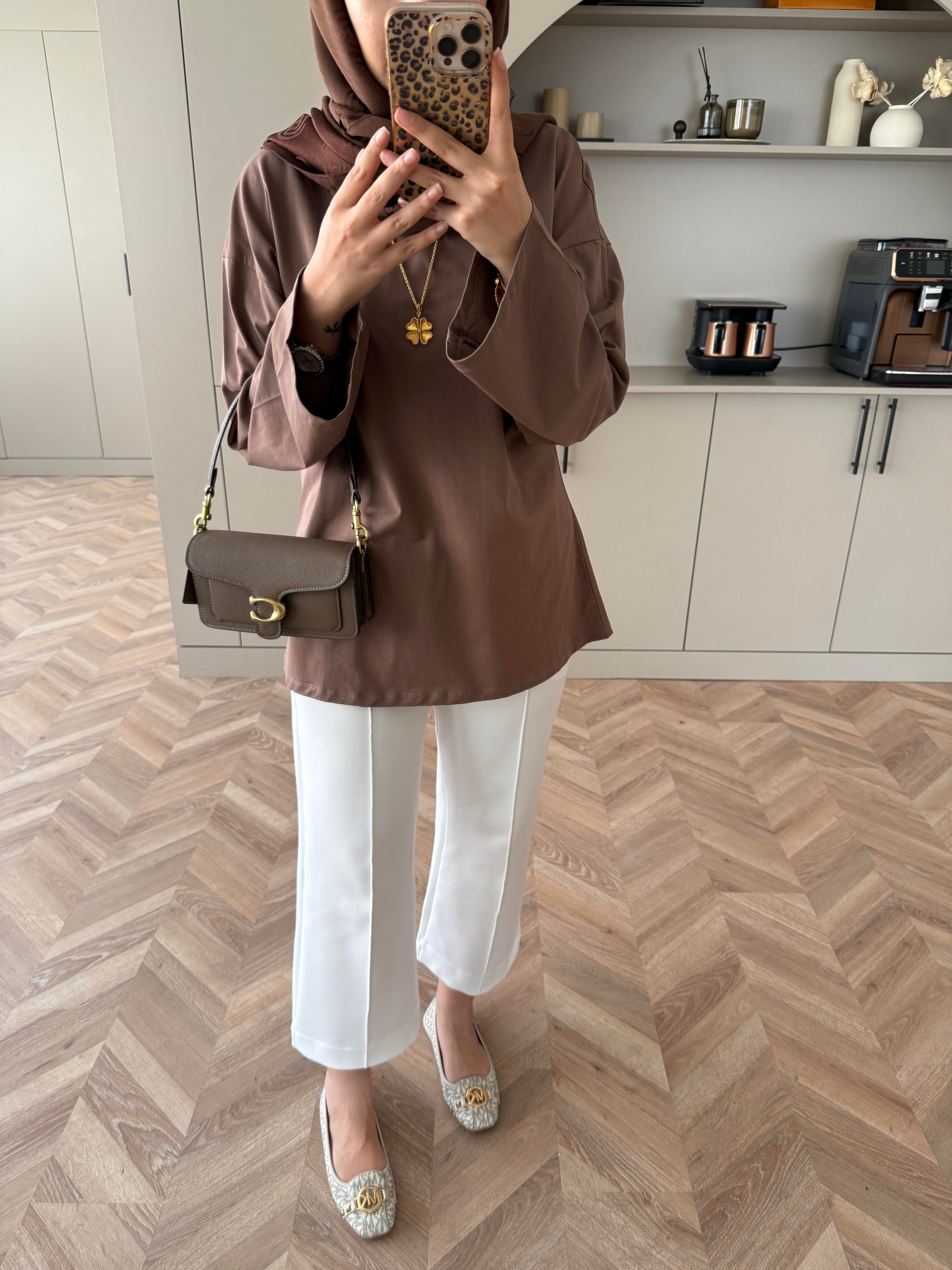 Basic Uzun Kollu Bluz Kahverengi