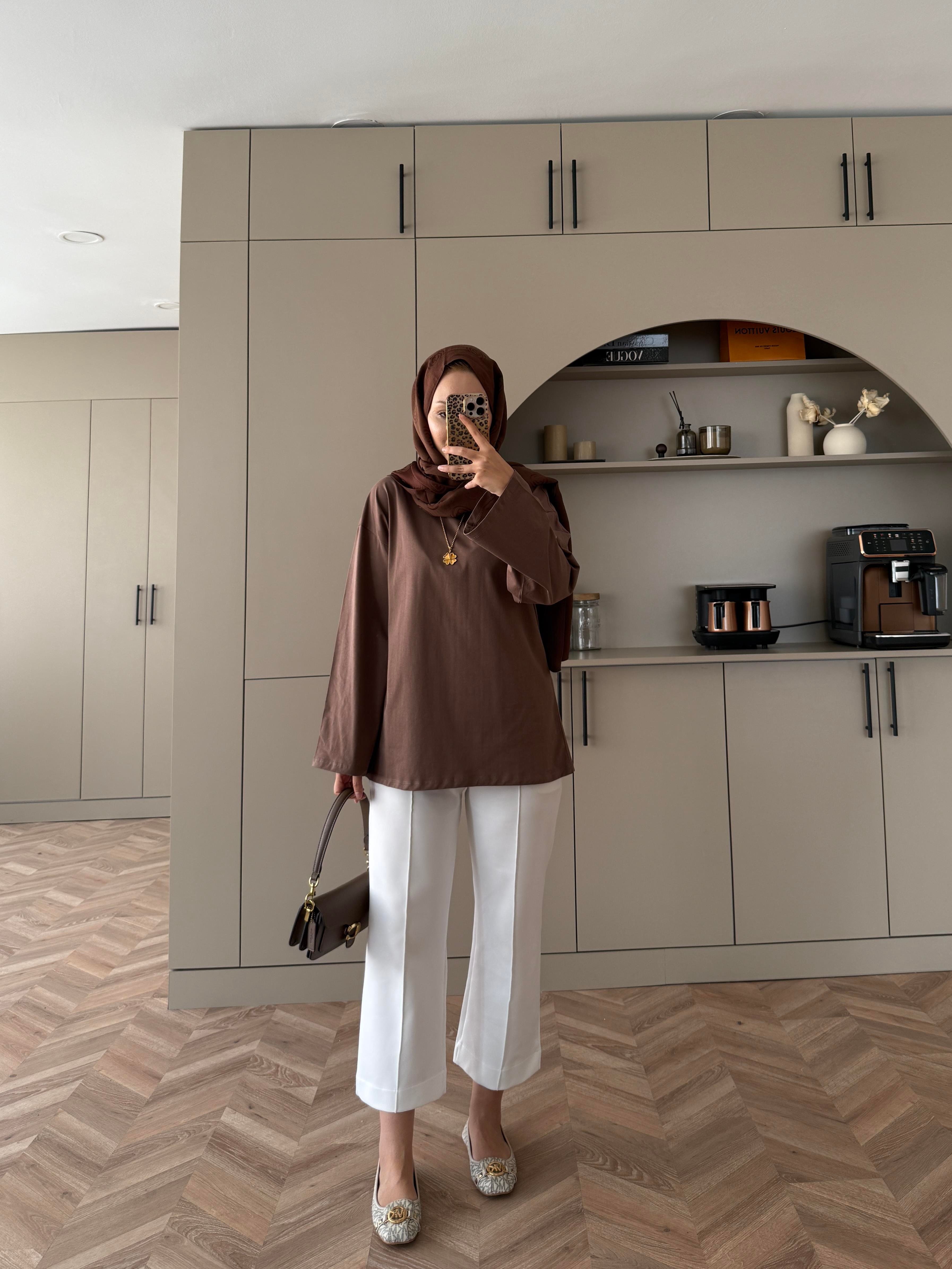 Basic Uzun Kollu Bluz Kahverengi