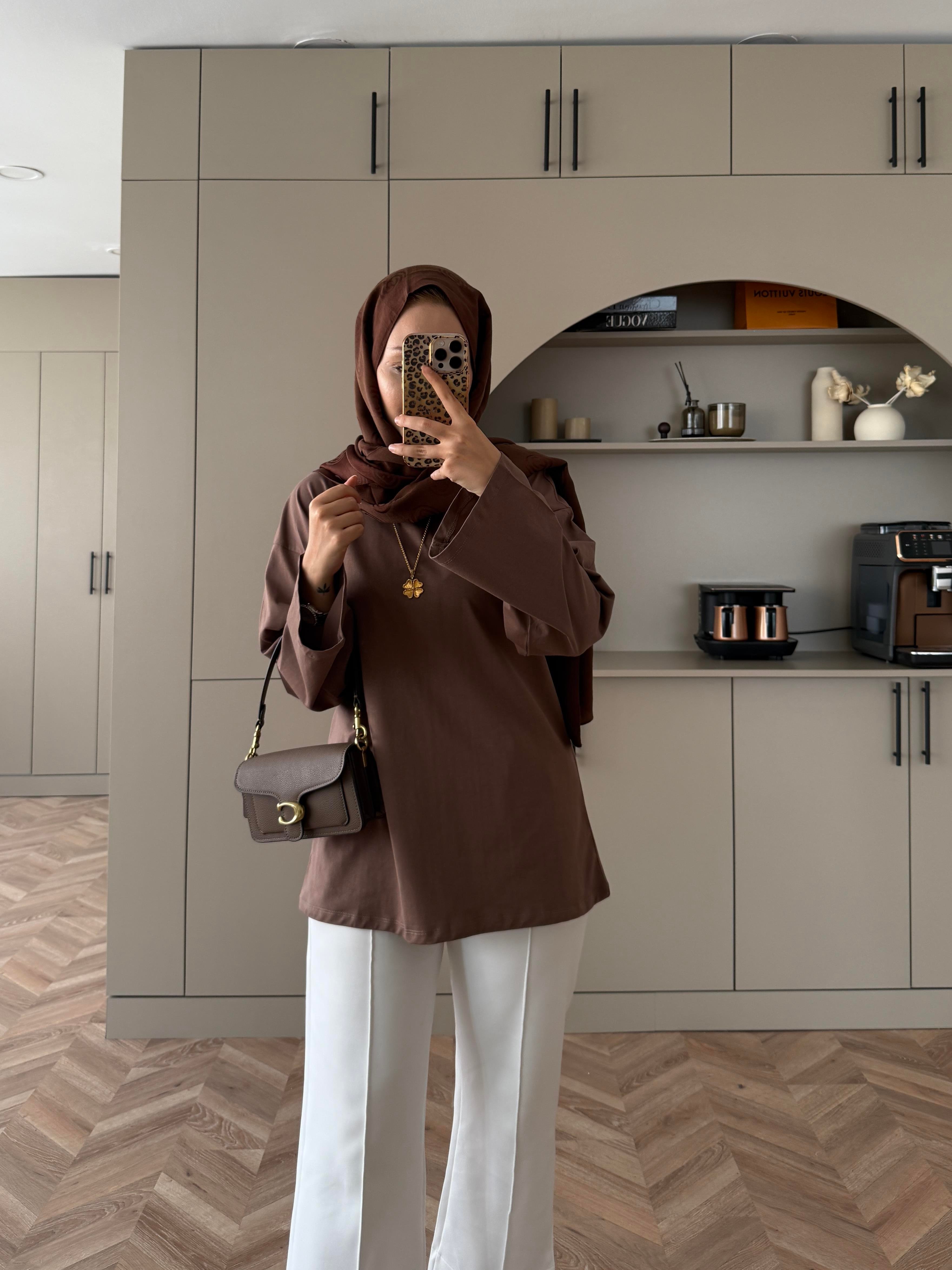 Basic Uzun Kollu Bluz Kahverengi