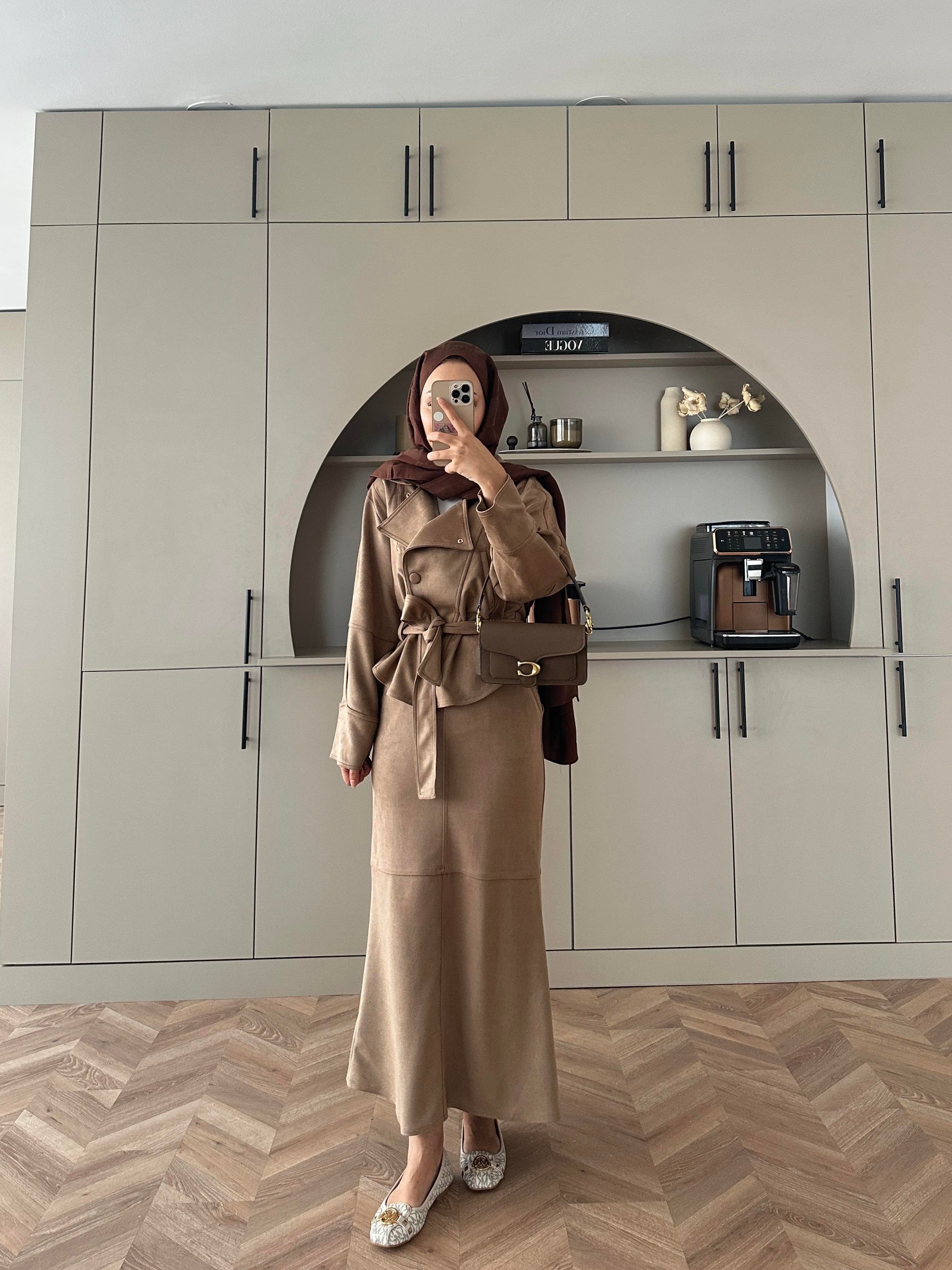 Bomber Ceketli Süet Etekli Takım Camel