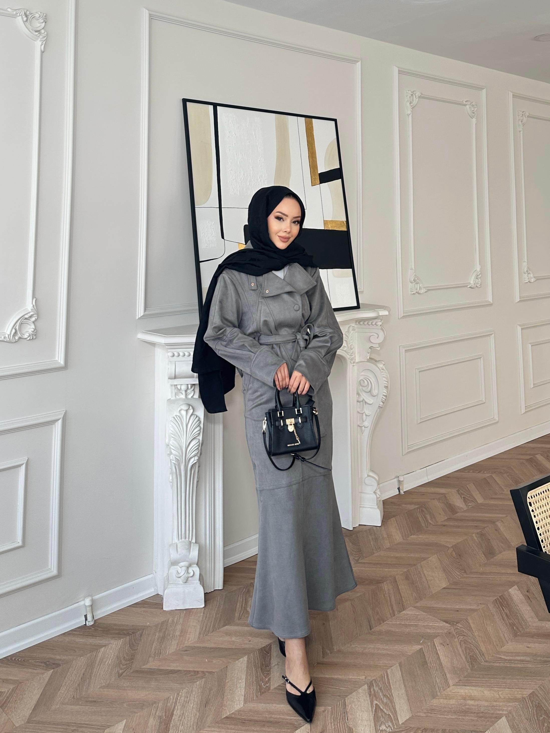 Bomber Ceketli Süet Etekli Takım Gri