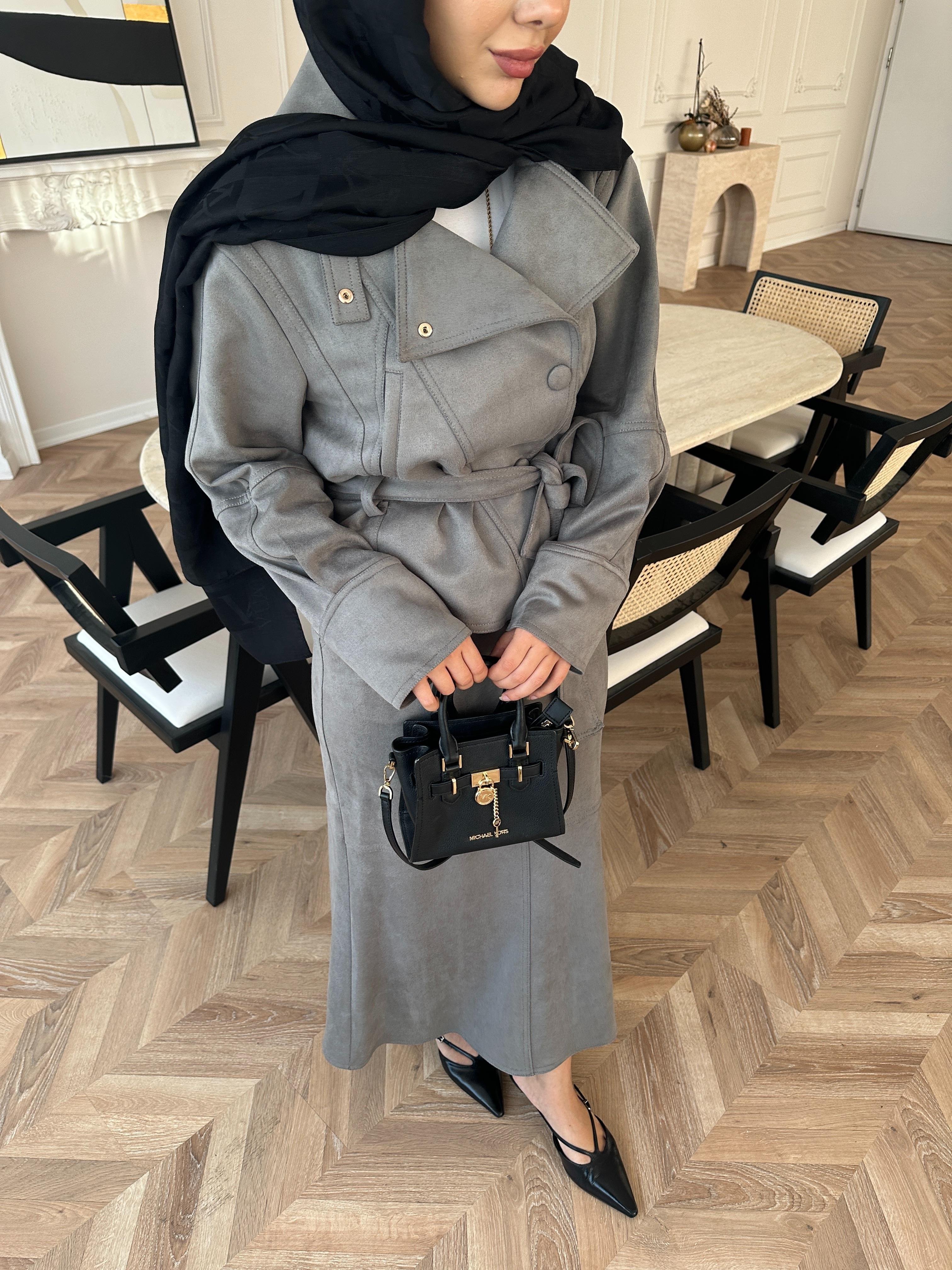 Bomber Ceketli Süet Etekli Takım Gri