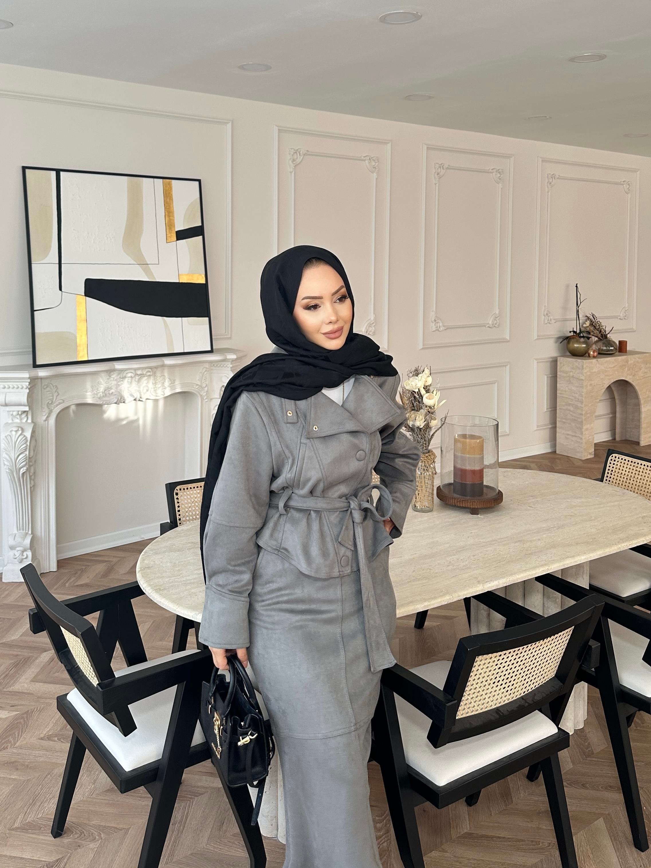 Bomber Ceketli Süet Etekli Takım Gri