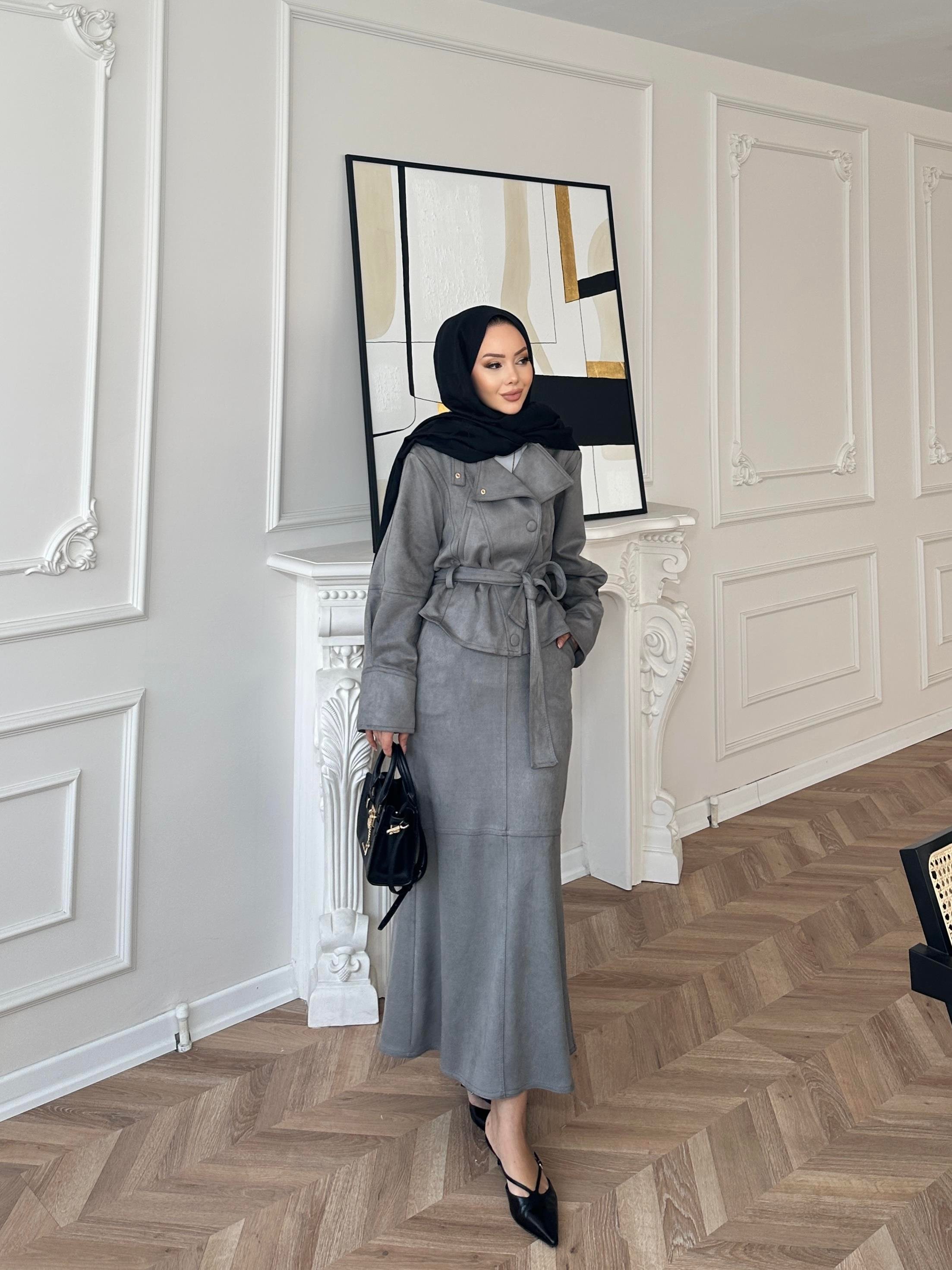 Bomber Ceketli Süet Etekli Takım Gri