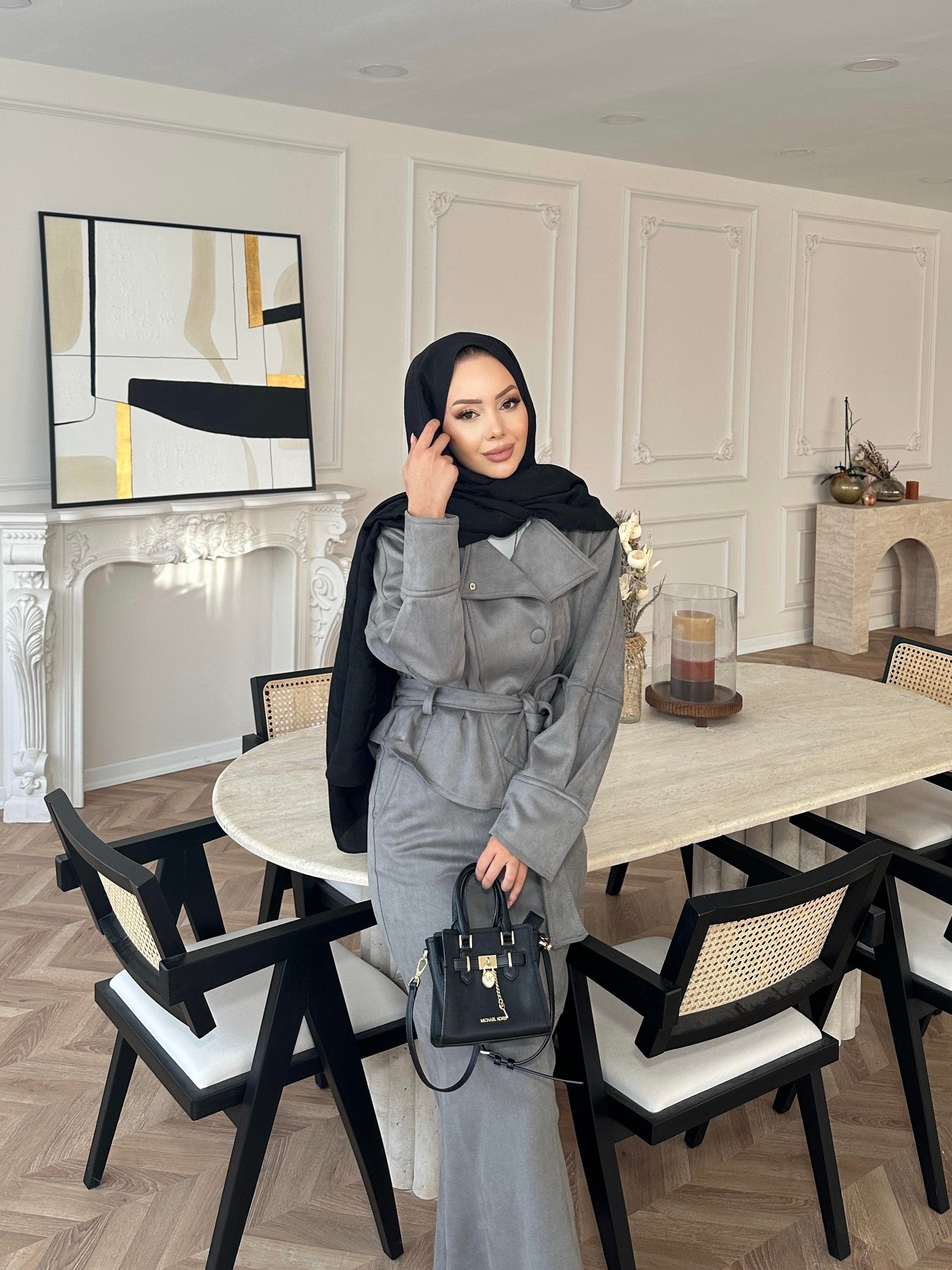 Bomber Ceketli Süet Etekli Takım Gri