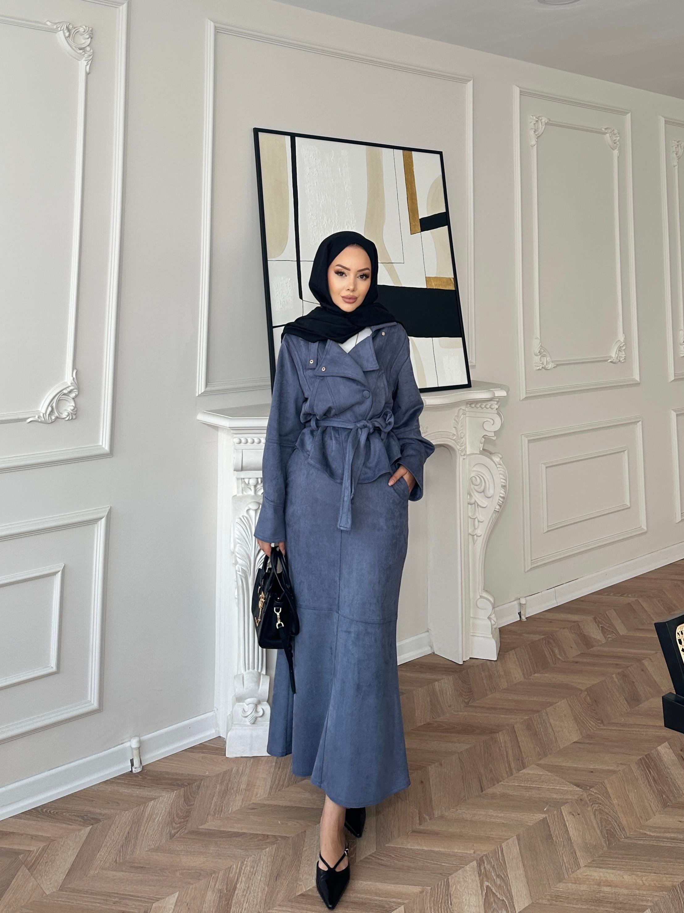 Bomber Ceketli Süet Etekli Takım Mavi