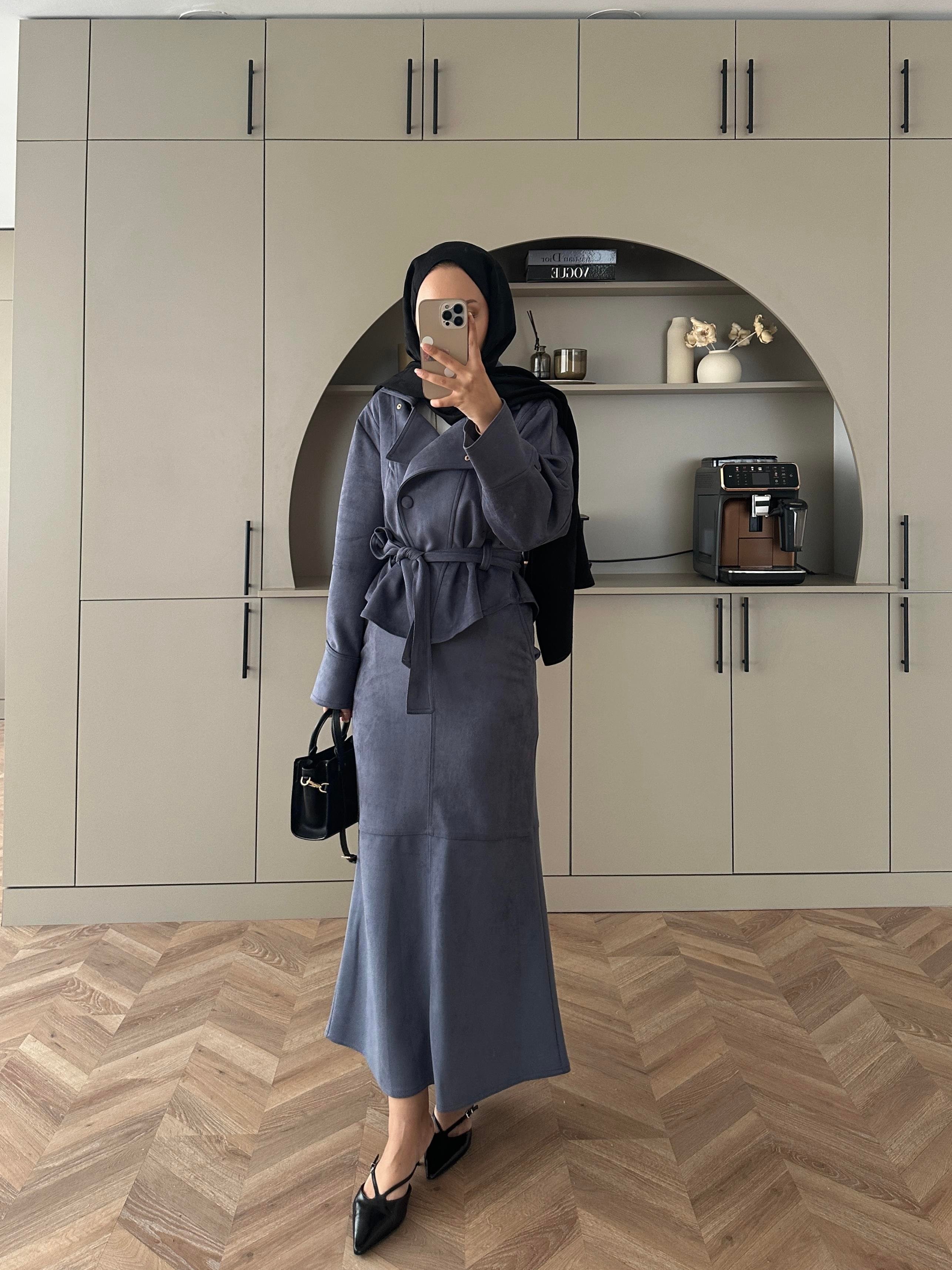 Bomber Ceketli Süet Etekli Takım Mavi