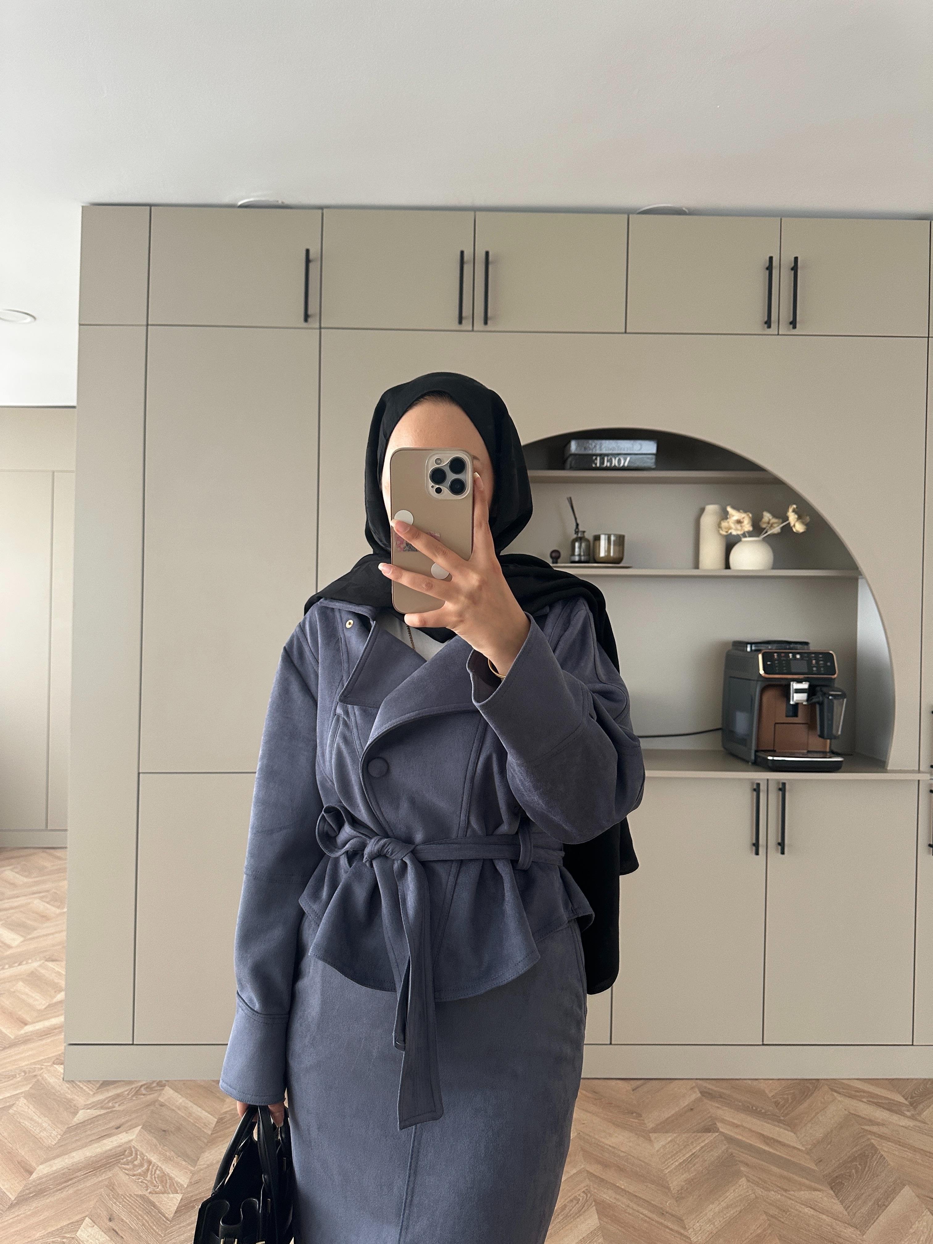 Bomber Ceketli Süet Etekli Takım Mavi