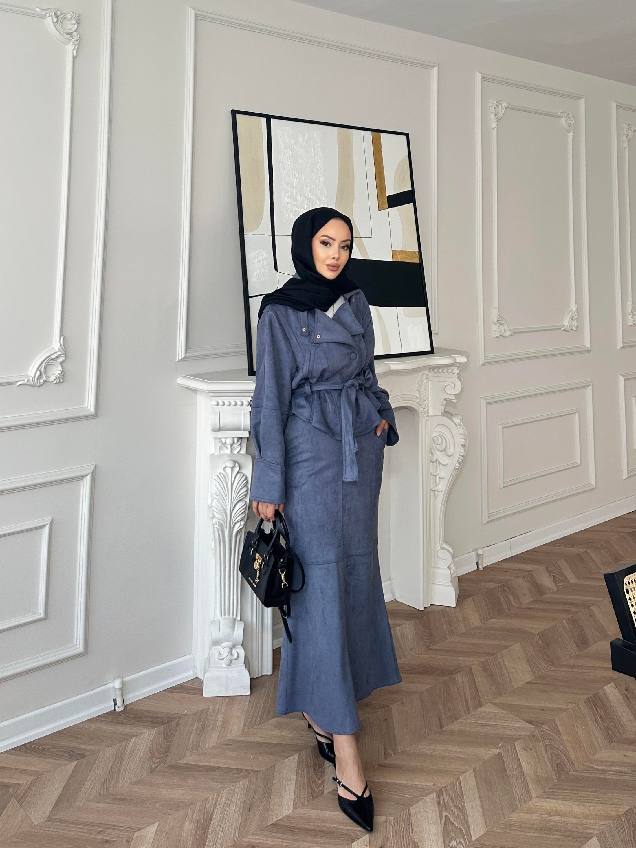 Bomber Ceketli Süet Etekli Takım Mavi