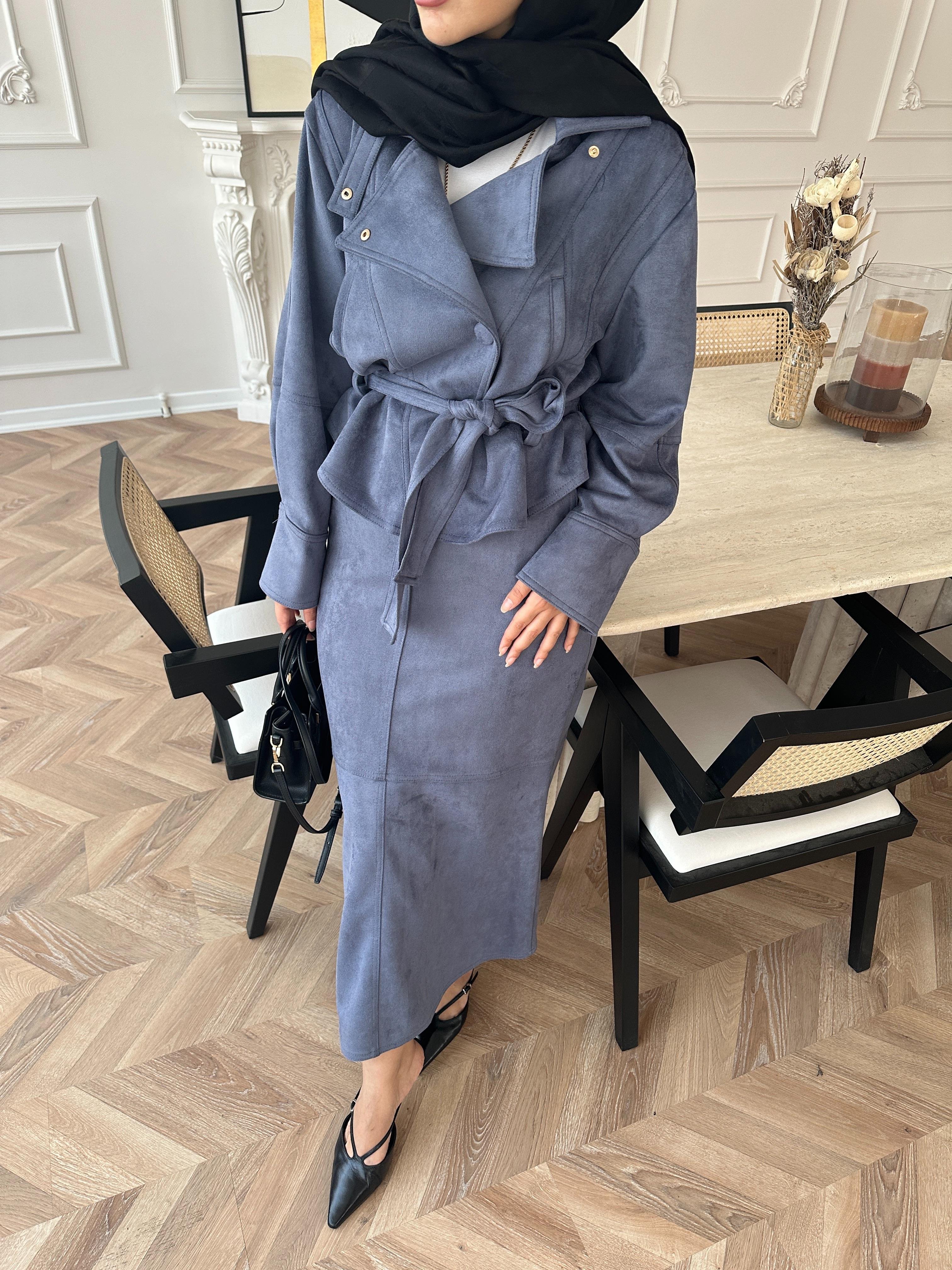 Bomber Ceketli Süet Etekli Takım Mavi