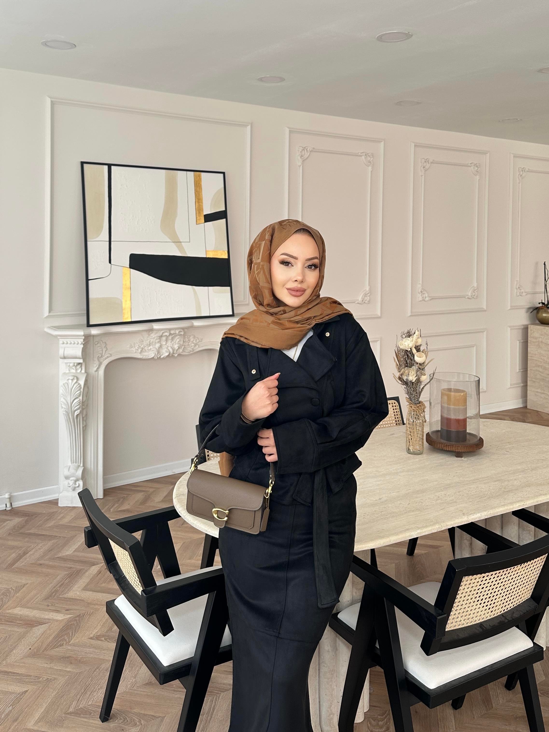 Bomber Ceketli Süet Etekli Takım Siyah