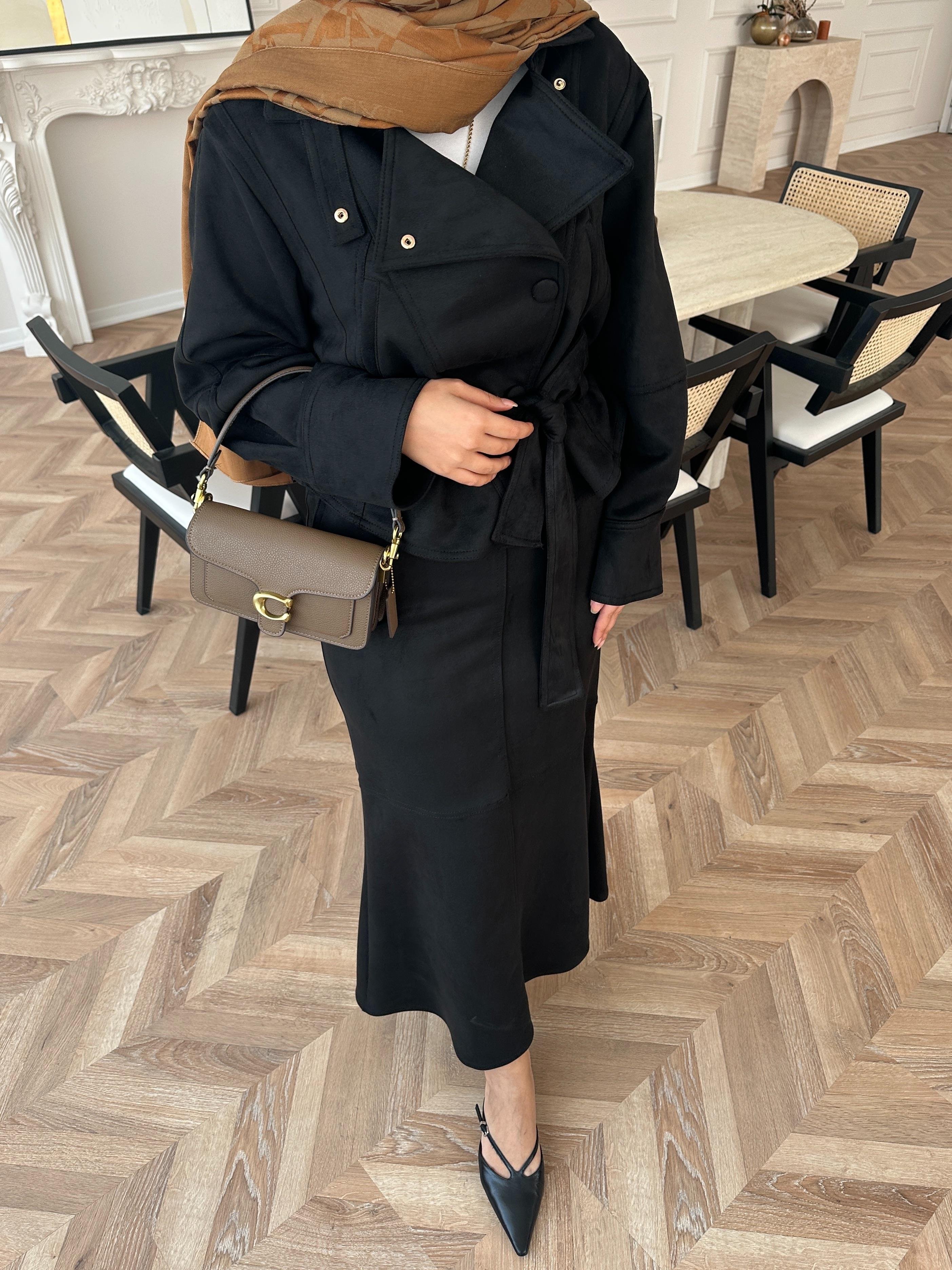 Bomber Ceketli Süet Etekli Takım Siyah