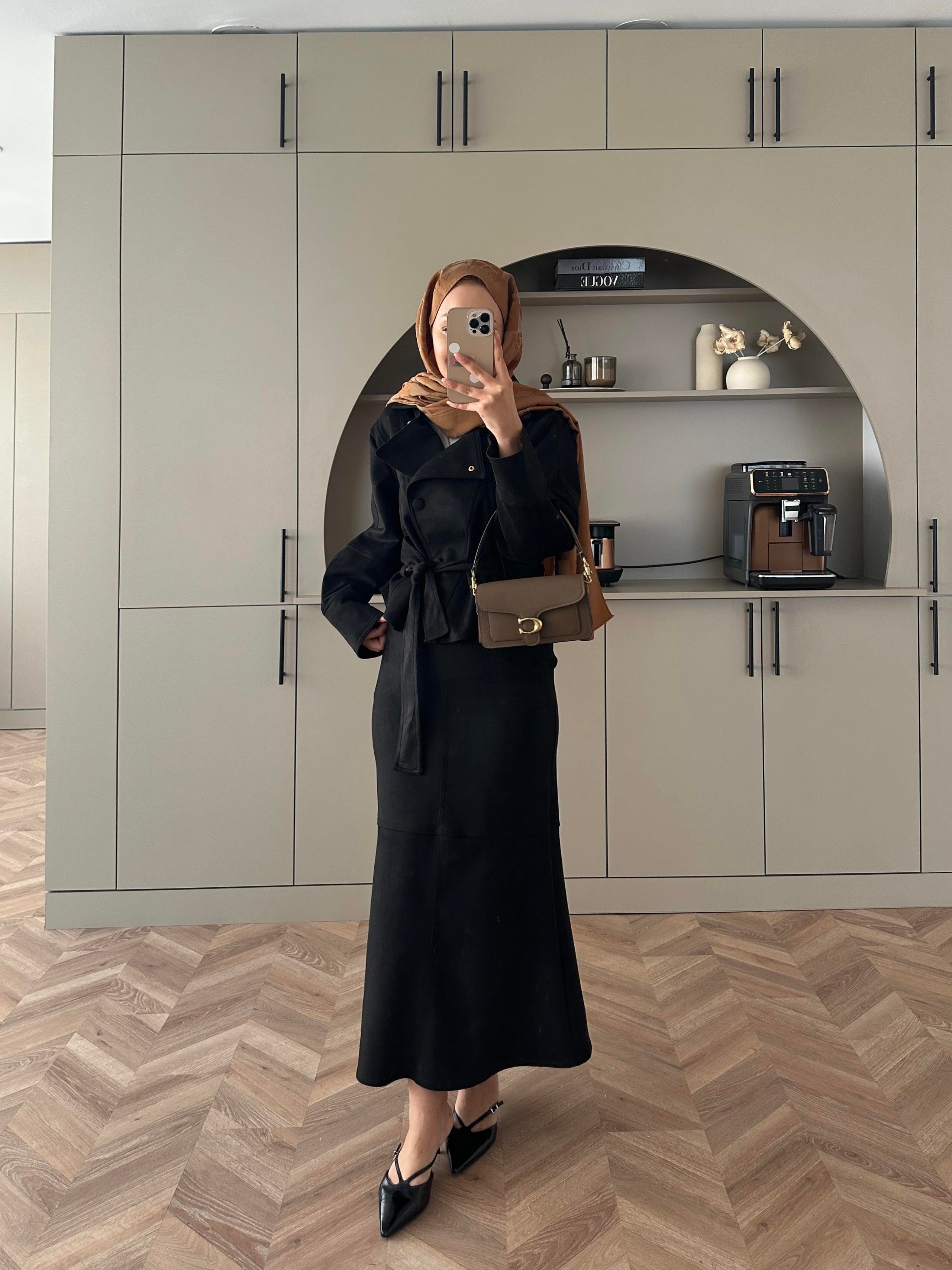 Bomber Ceketli Süet Etekli Takım Siyah